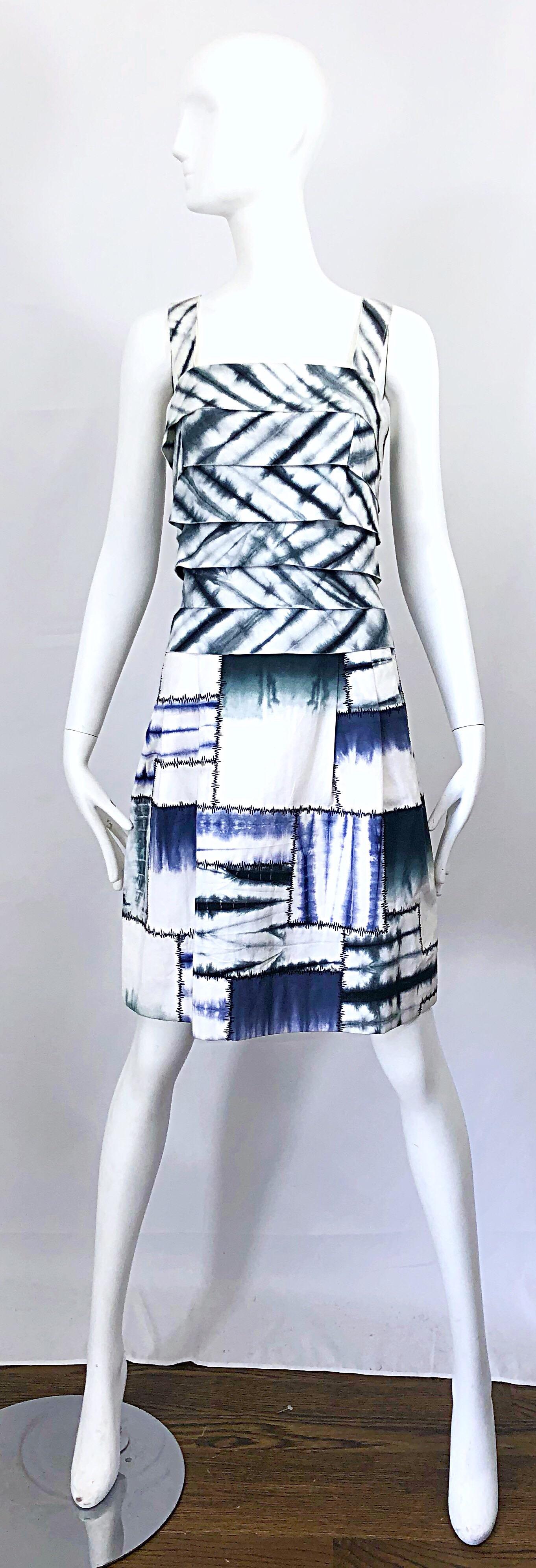 Oscar de la Renta 1990s Size 8 Blue + White Tie Dye Vintage Sleeveless 90s Dress For Sale 11