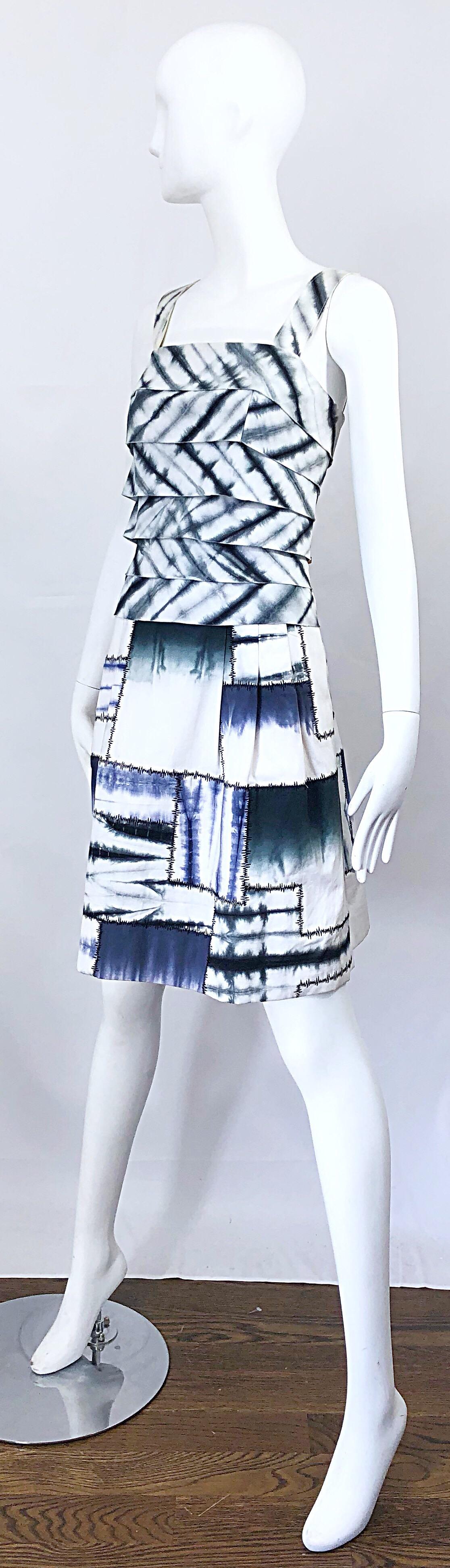 Oscar de la Renta 1990s Size 8 Blue + White Tie Dye Vintage Sleeveless 90s Dress For Sale 2
