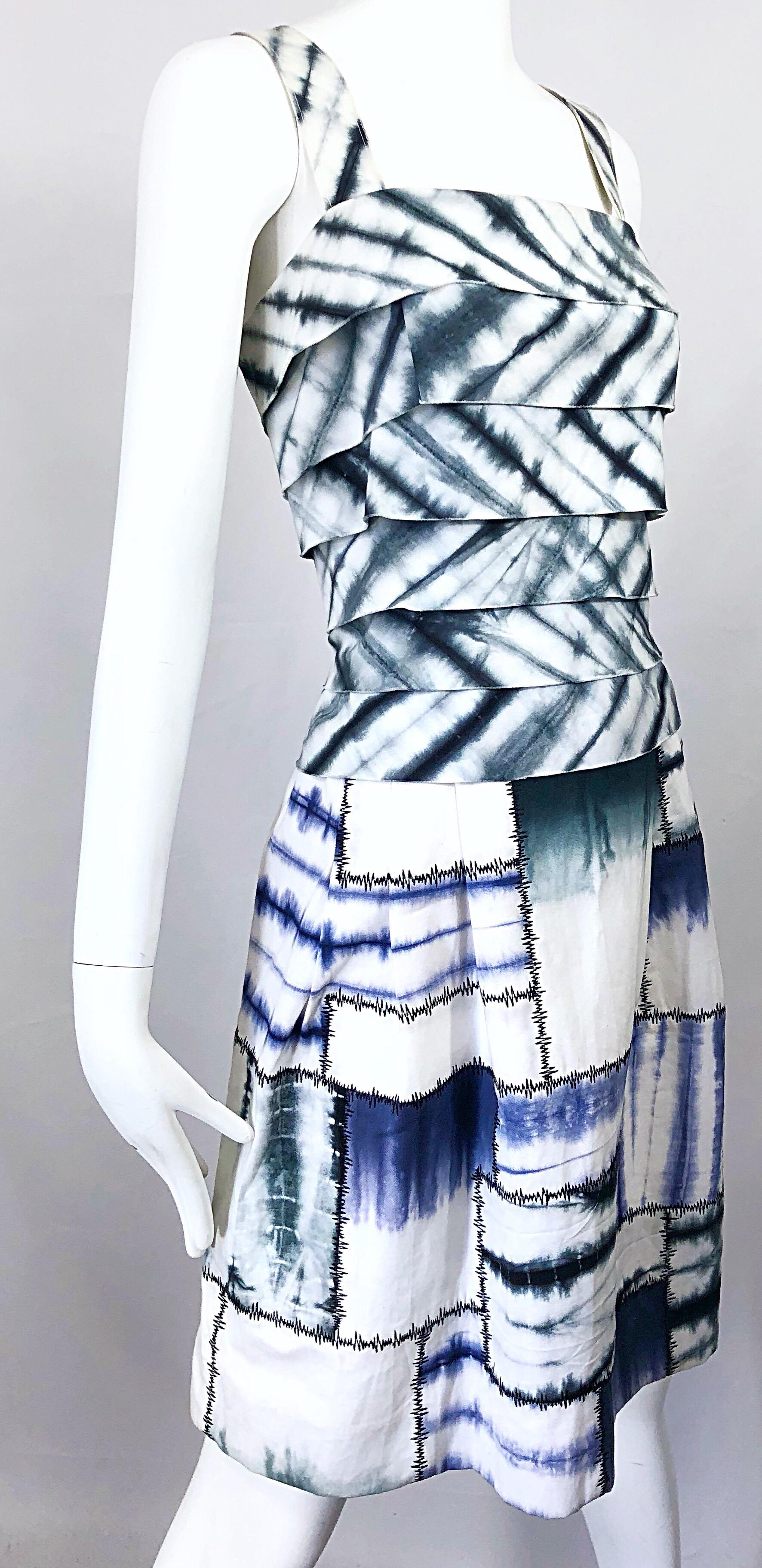 Oscar de la Renta 1990s Size 8 Blue + White Tie Dye Vintage Sleeveless 90s Dress For Sale 3