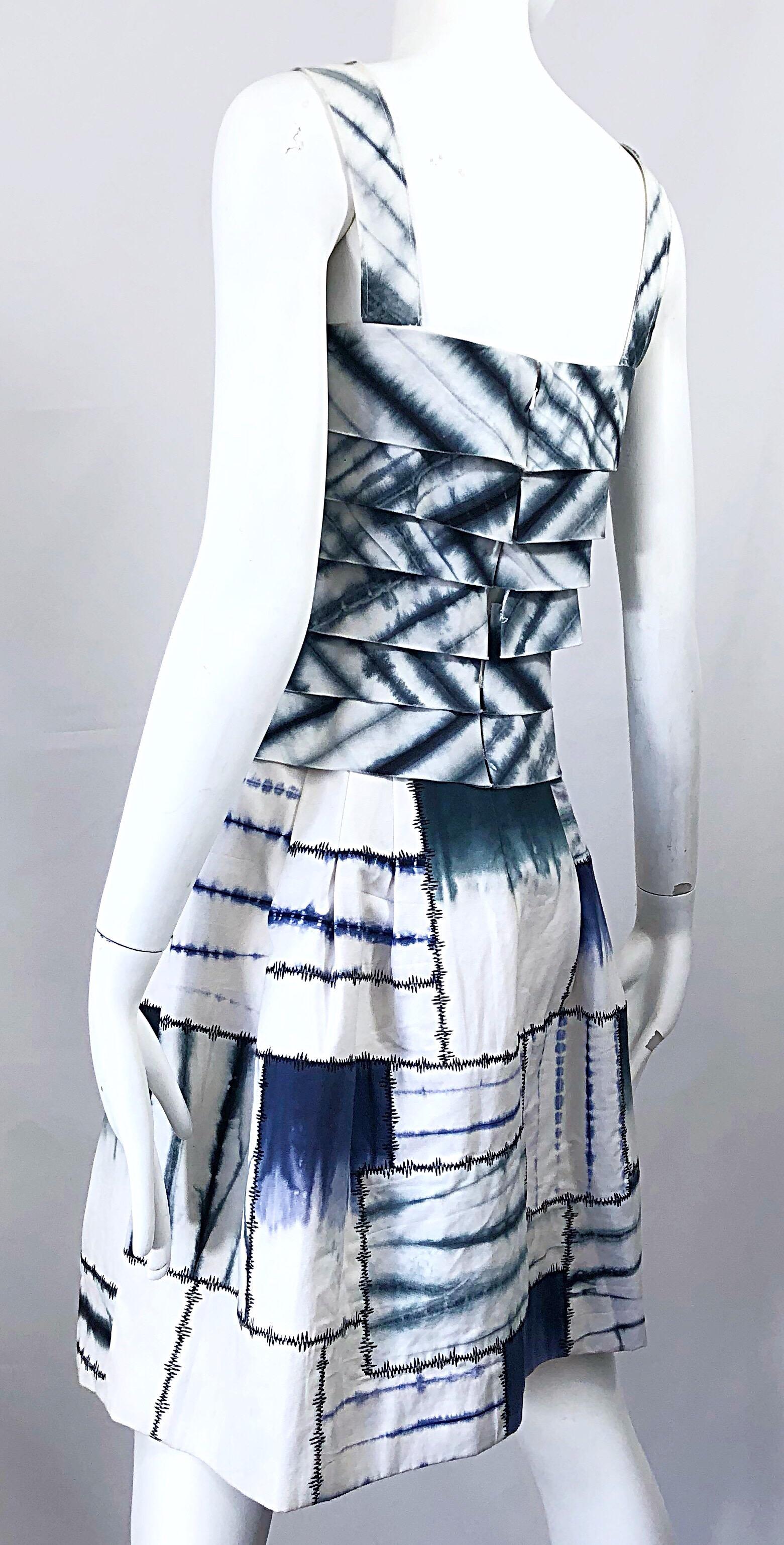 Oscar de la Renta 1990s Size 8 Blue + White Tie Dye Vintage Sleeveless 90s Dress For Sale 4