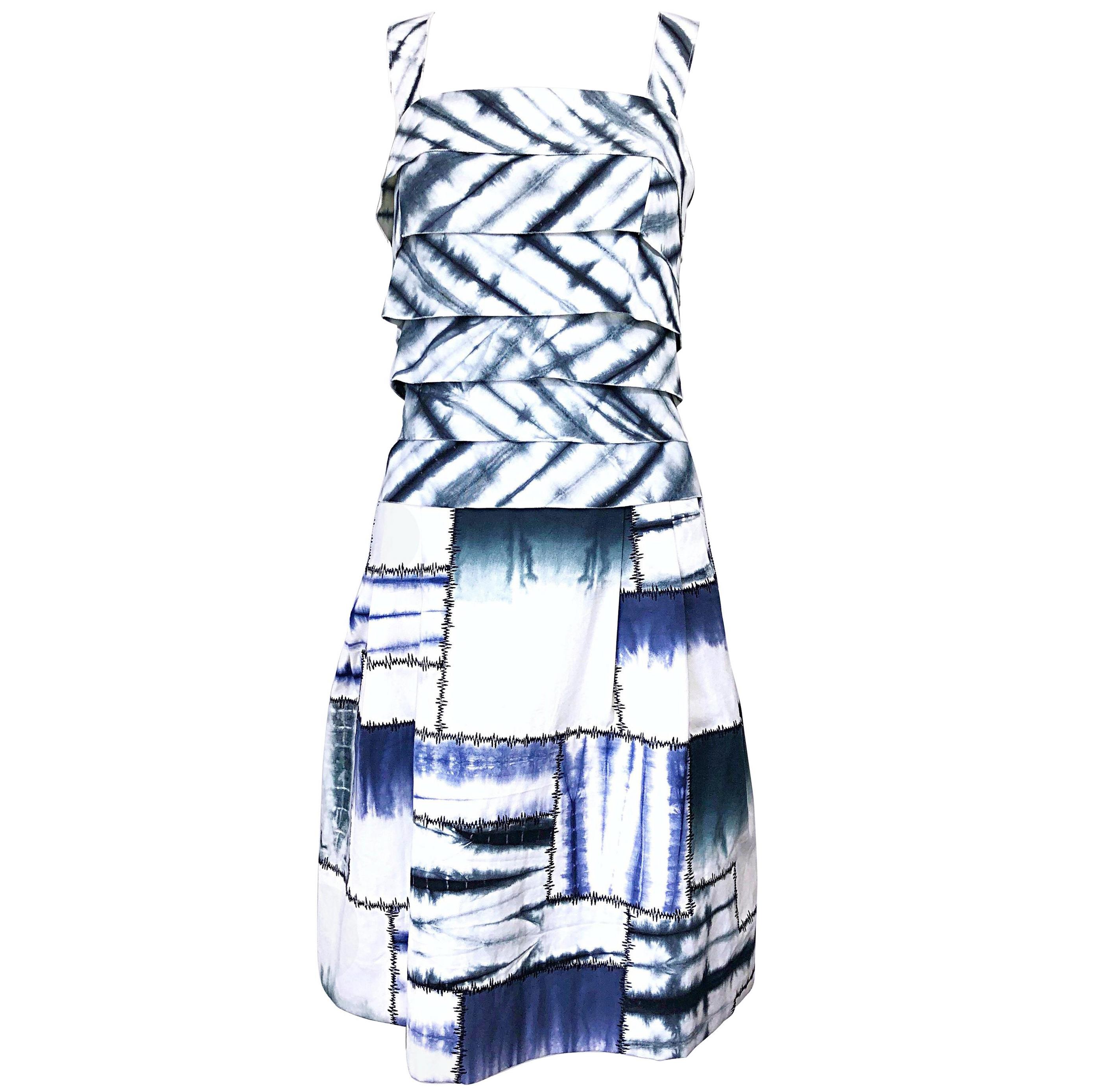 Oscar de la Renta 1990s Size 8 Blue + White Tie Dye Vintage Sleeveless 90s Dress