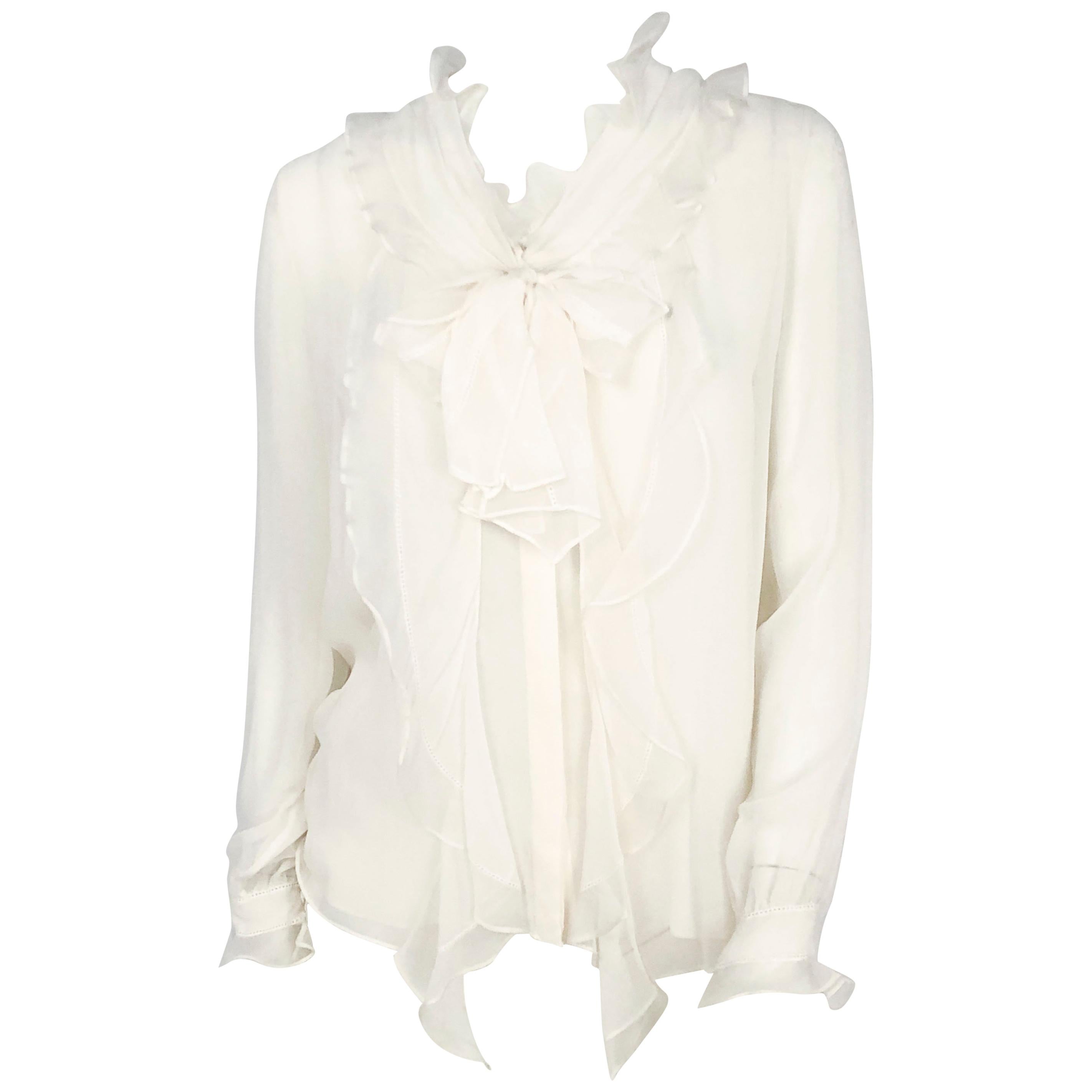 white silk ruffle blouse
