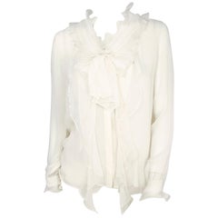 1990s Oscar De La Renta White Silk Chiffon Ruffled Shirt