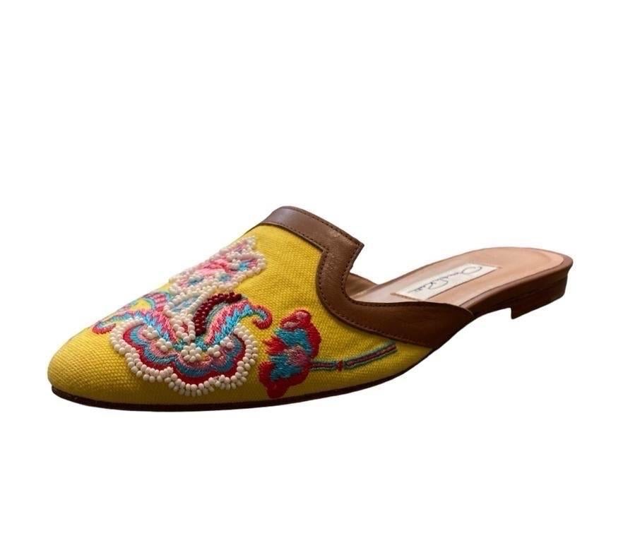 1990S OSCAR DE LA RENTA Gelb & Perlen Blumenmuster Leder Slip On Schuhe Dead Stock
