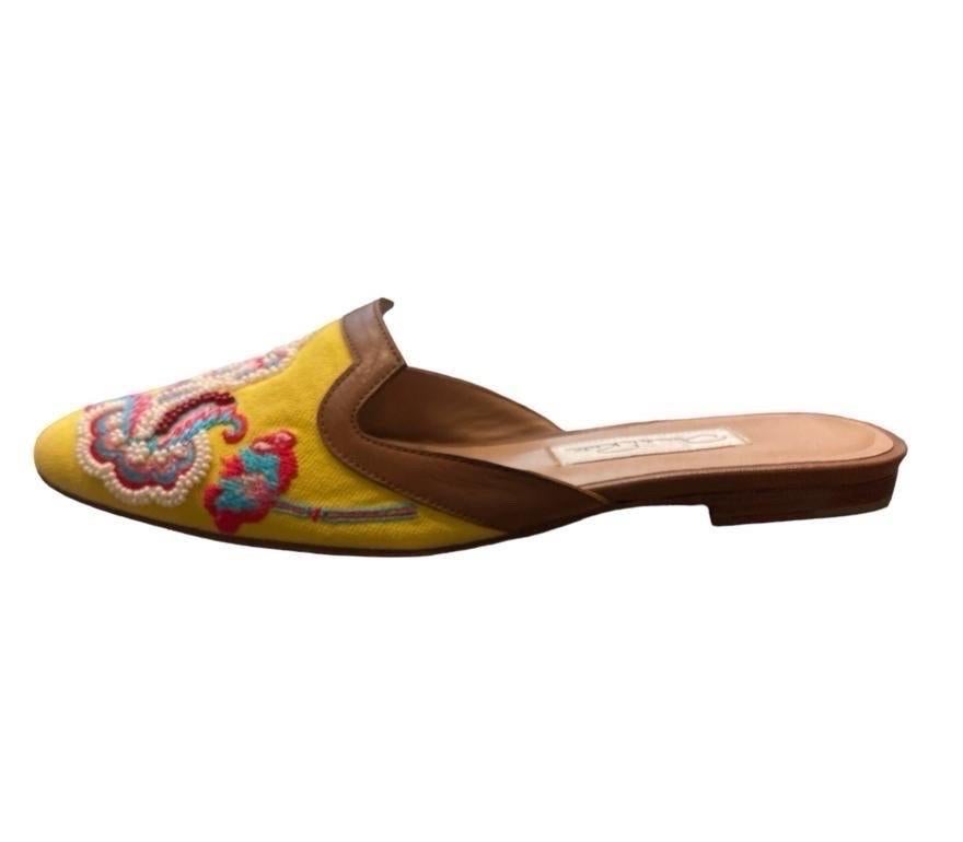 1990S OSCAR DE LA RENTA Yellow & Beaded Floral Pattern Leather Slip On Shoes De In Excellent Condition For Sale In New York, NY