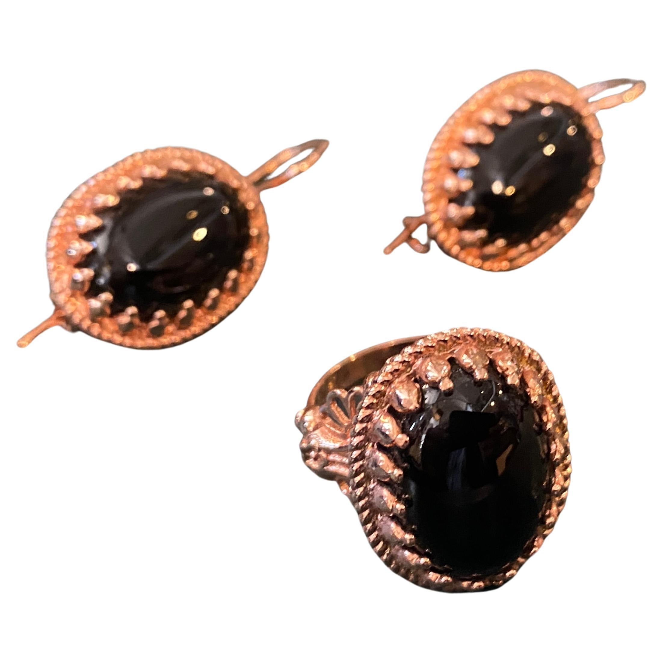 1990s Oval Onyx and Brass Ring and Earrings by Anomis For Sale