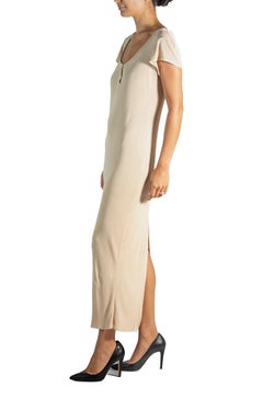 1990S Ozbek Beige Poly/Nylon Slinky T-Shirt Dress