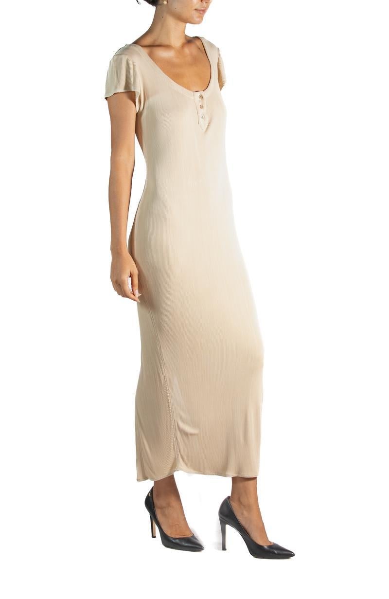 1990S Ozbek Beige Poly/Nylon Slinky T-Shirt Dress For Sale 3