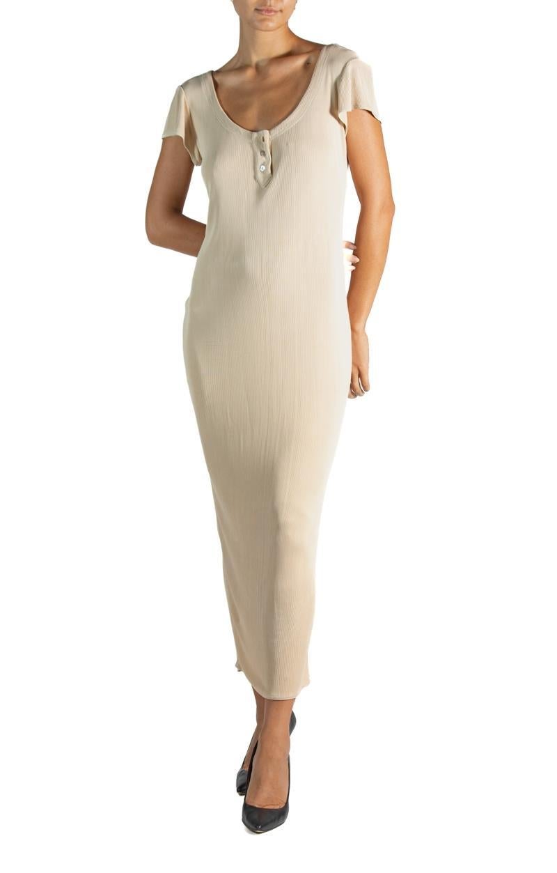 1990S Ozbek Beige Poly/Nylon Slinky T-Shirt Dress For Sale 5
