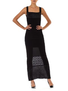 1990S OZBEK Vestido minimalista negro de patchwork de poliéster y lycra transparente