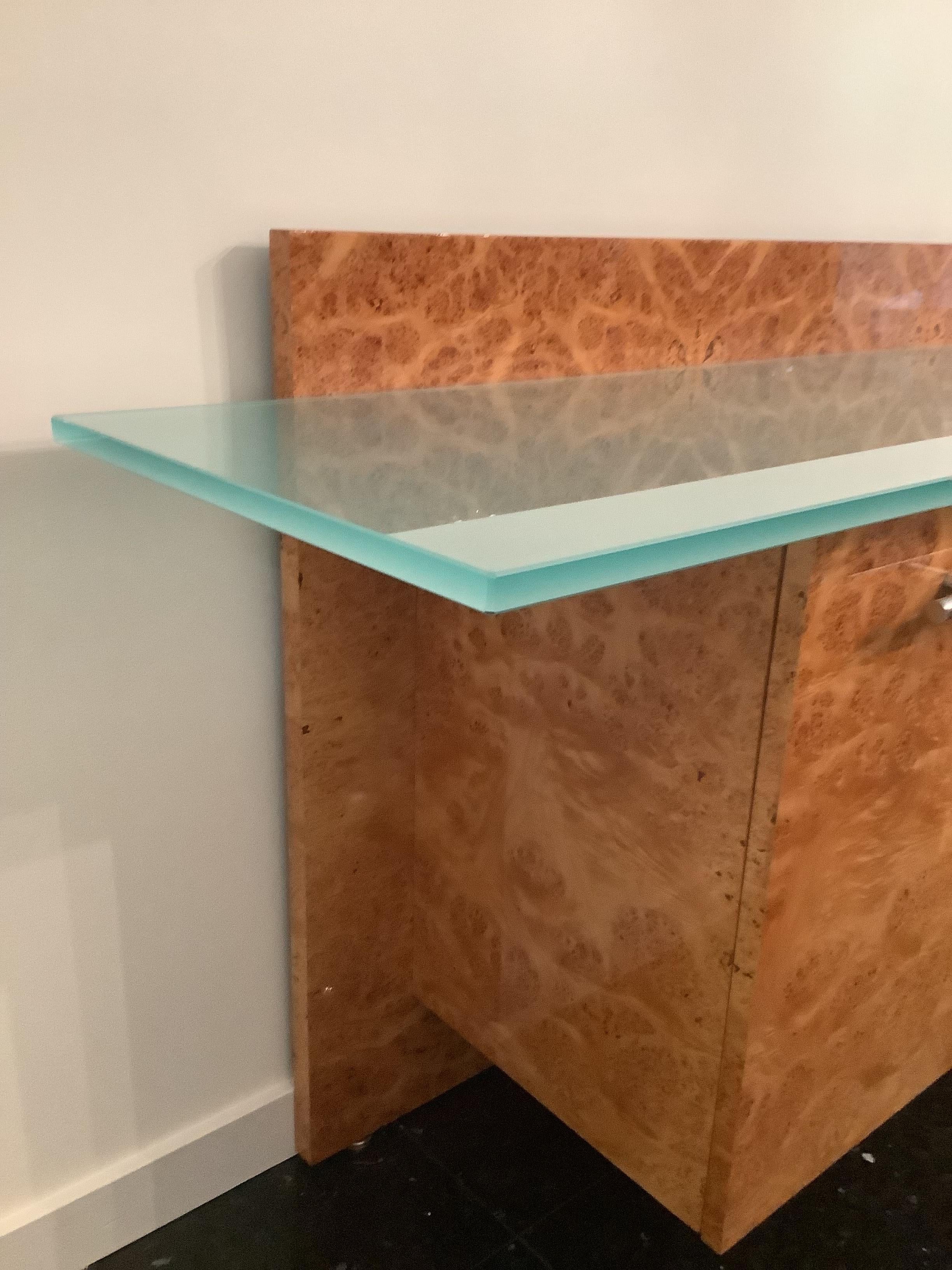 1990s Pace Collection Burlwood Glass-Top Storage Sideboard 1