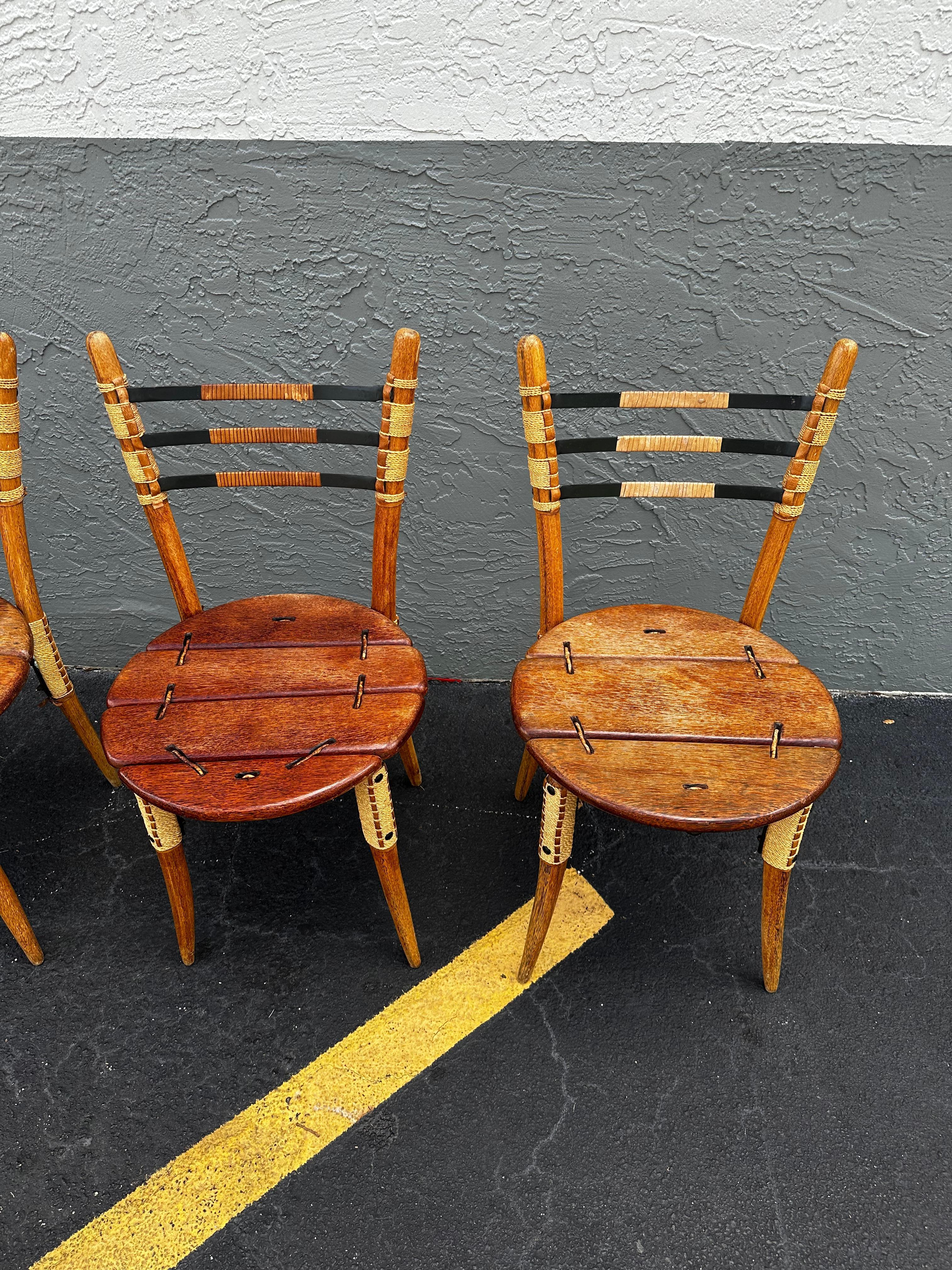 1990s Pacific Green Sculptural Boho Round Dining Table and Leather Cord Chairs For Sale 4