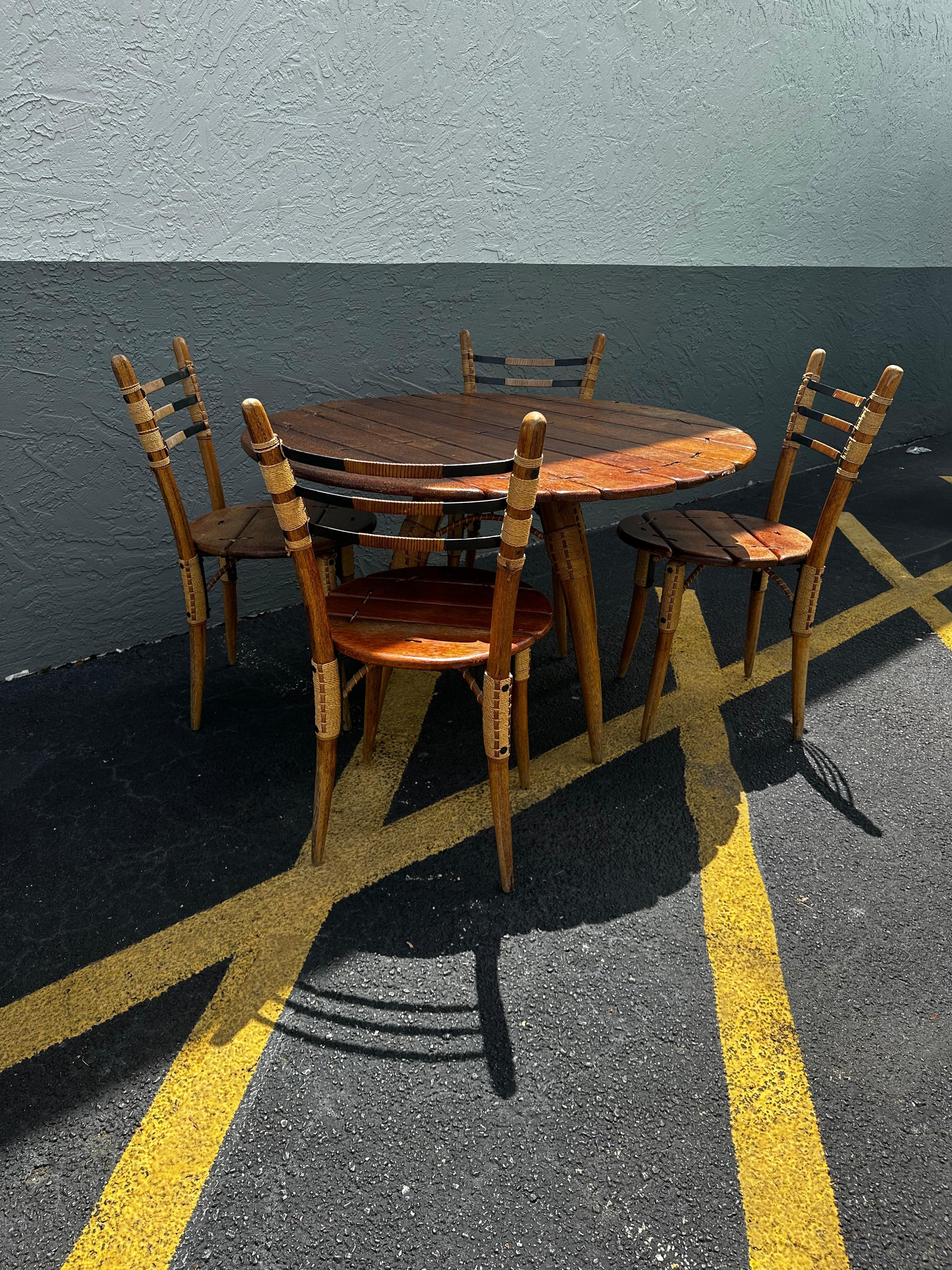 Bohemian 1990s Pacific Green Sculptural Boho Round Dining Table and Leather Cord Chairs For Sale