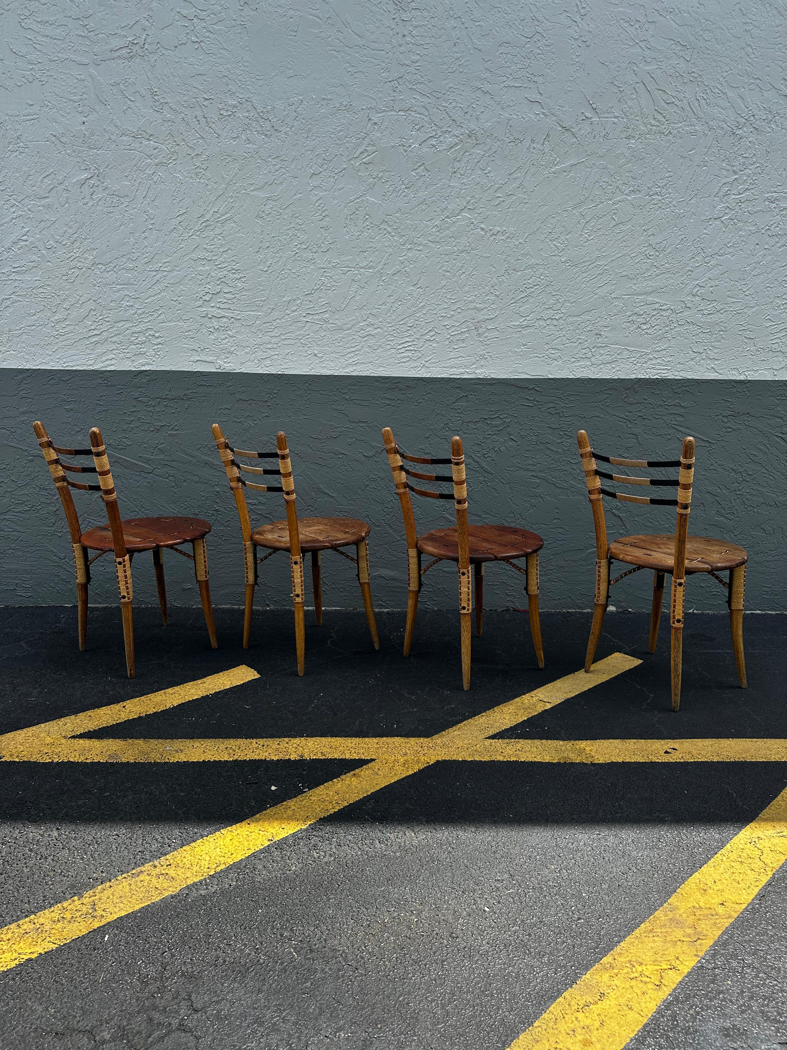 Australian 1990s Pacific Green Sculptural Boho Round Dining Table and Leather Cord Chairs For Sale