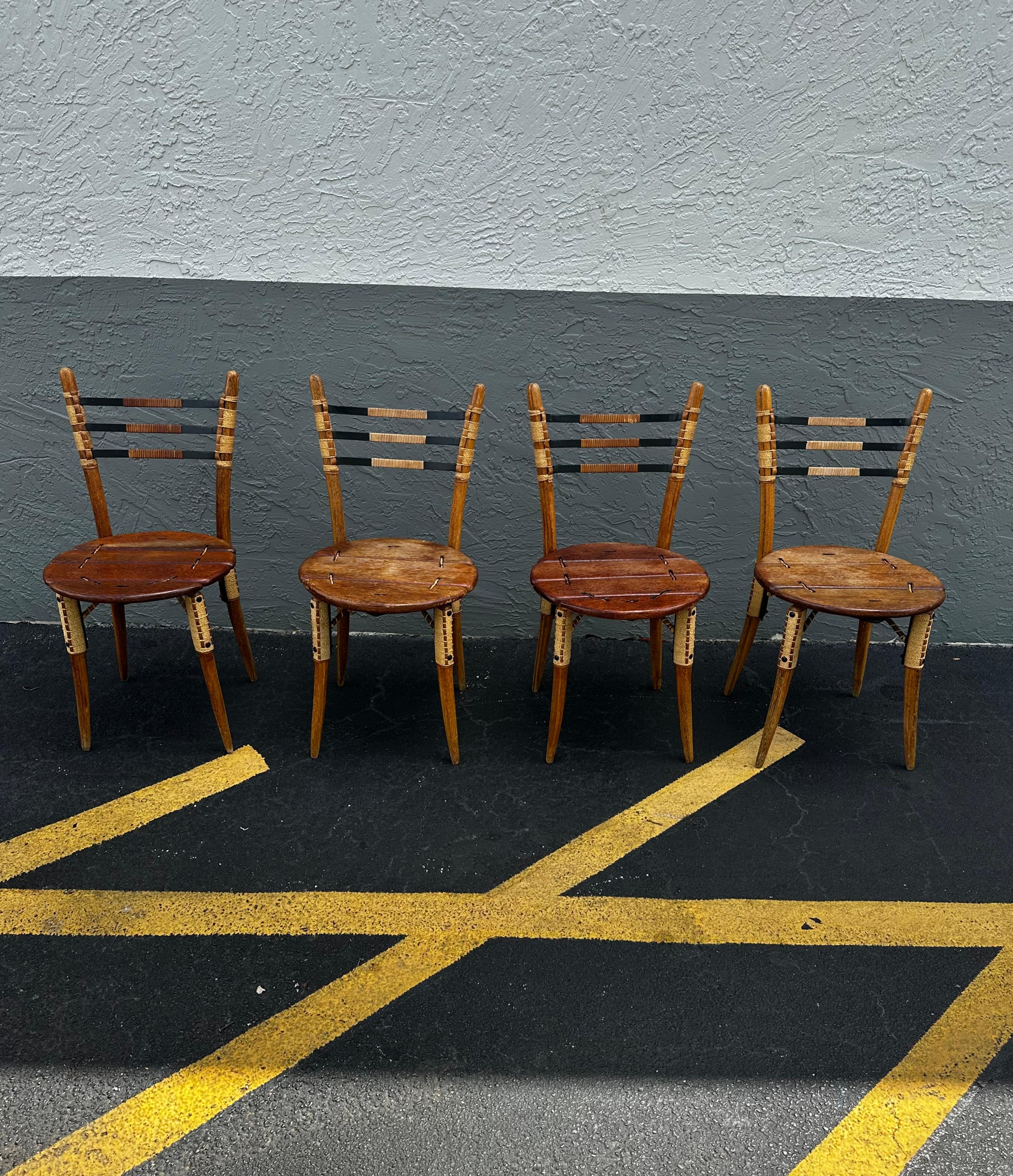 Late 20th Century 1990s Pacific Green Sculptural Boho Round Dining Table and Leather Cord Chairs For Sale