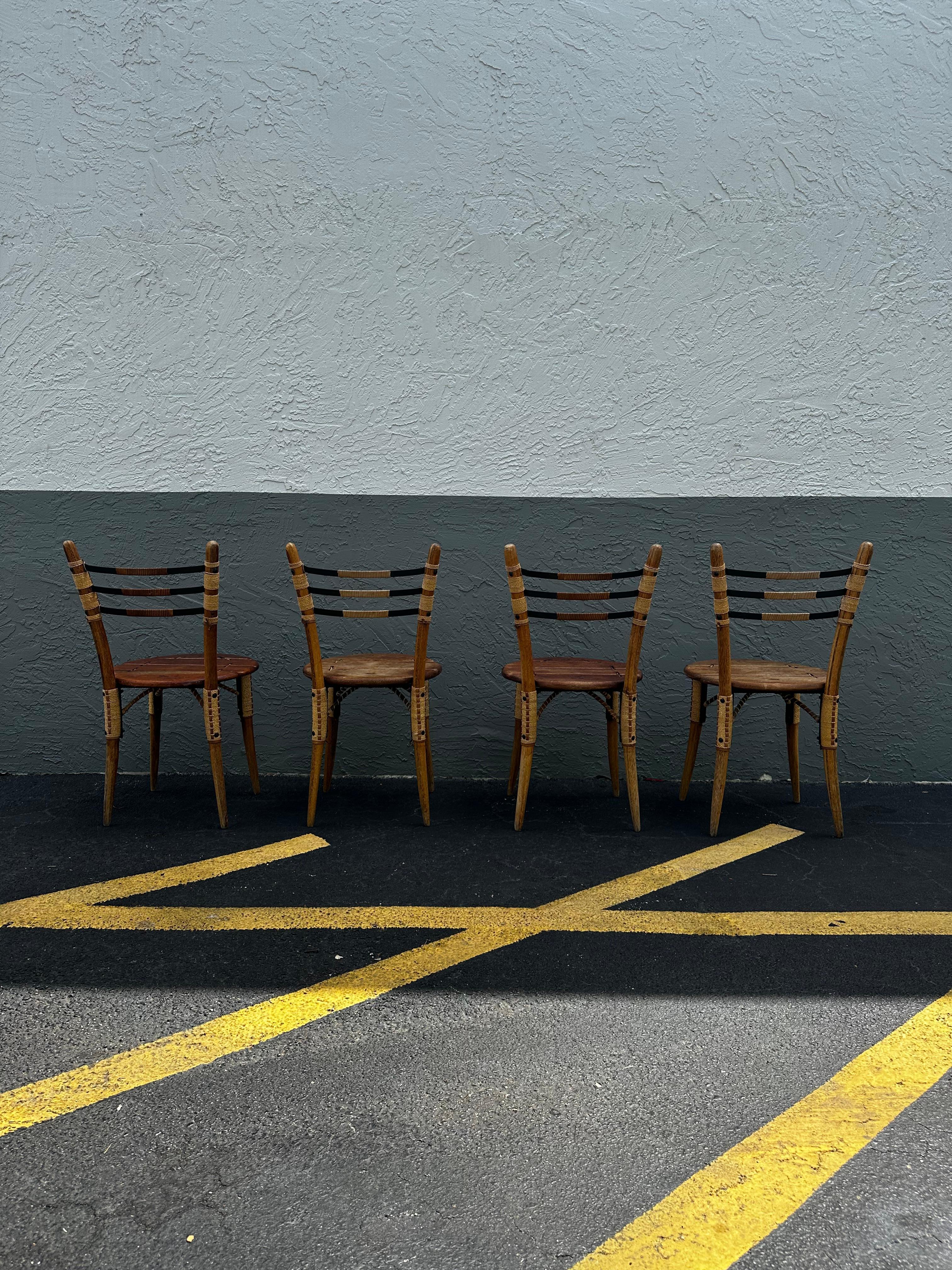 1990s Pacific Green Sculptural Boho Round Dining Table and Leather Cord Chairs For Sale 1