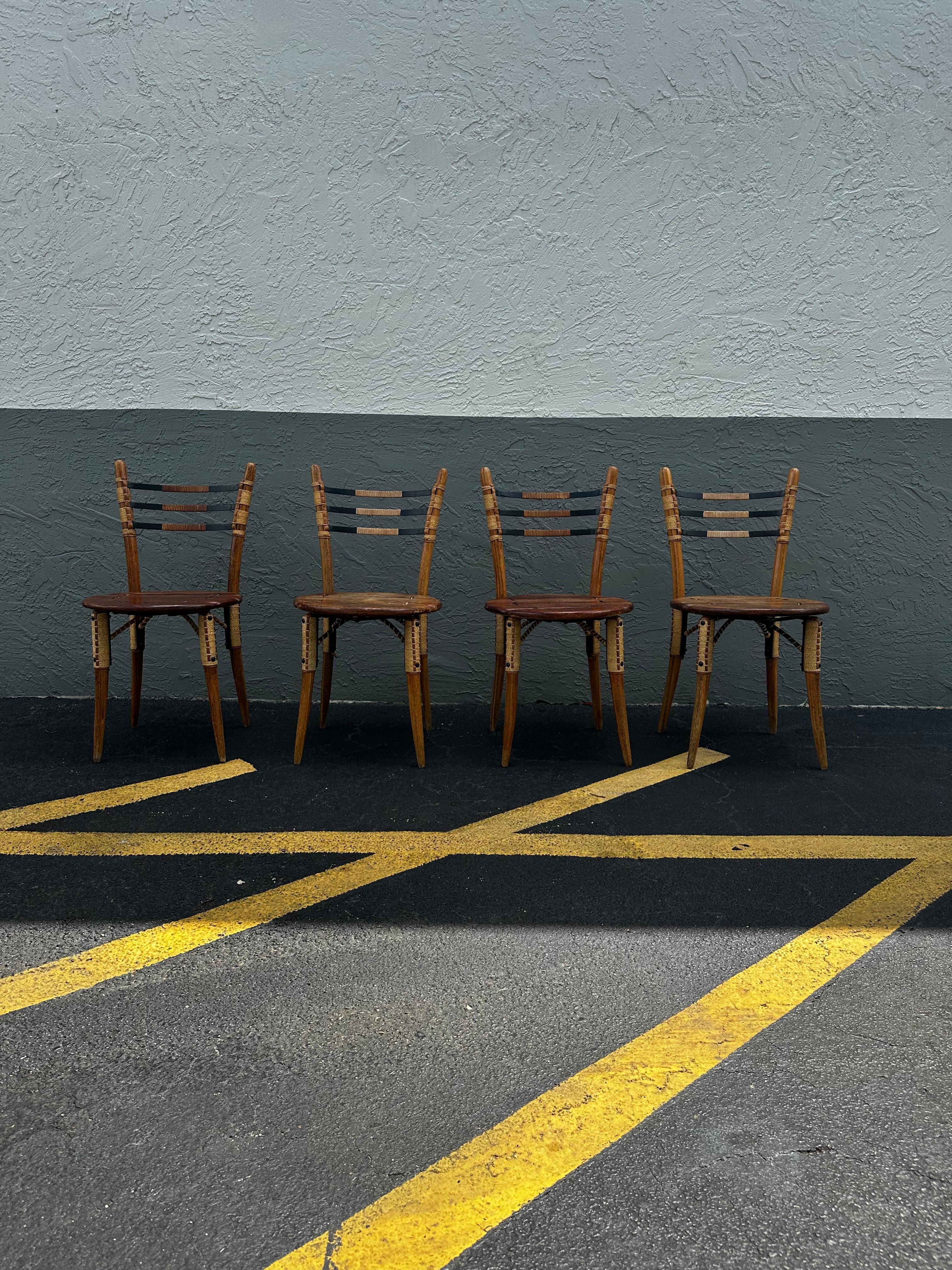 1990s Pacific Green Sculptural Boho Round Dining Table and Leather Cord Chairs For Sale 2