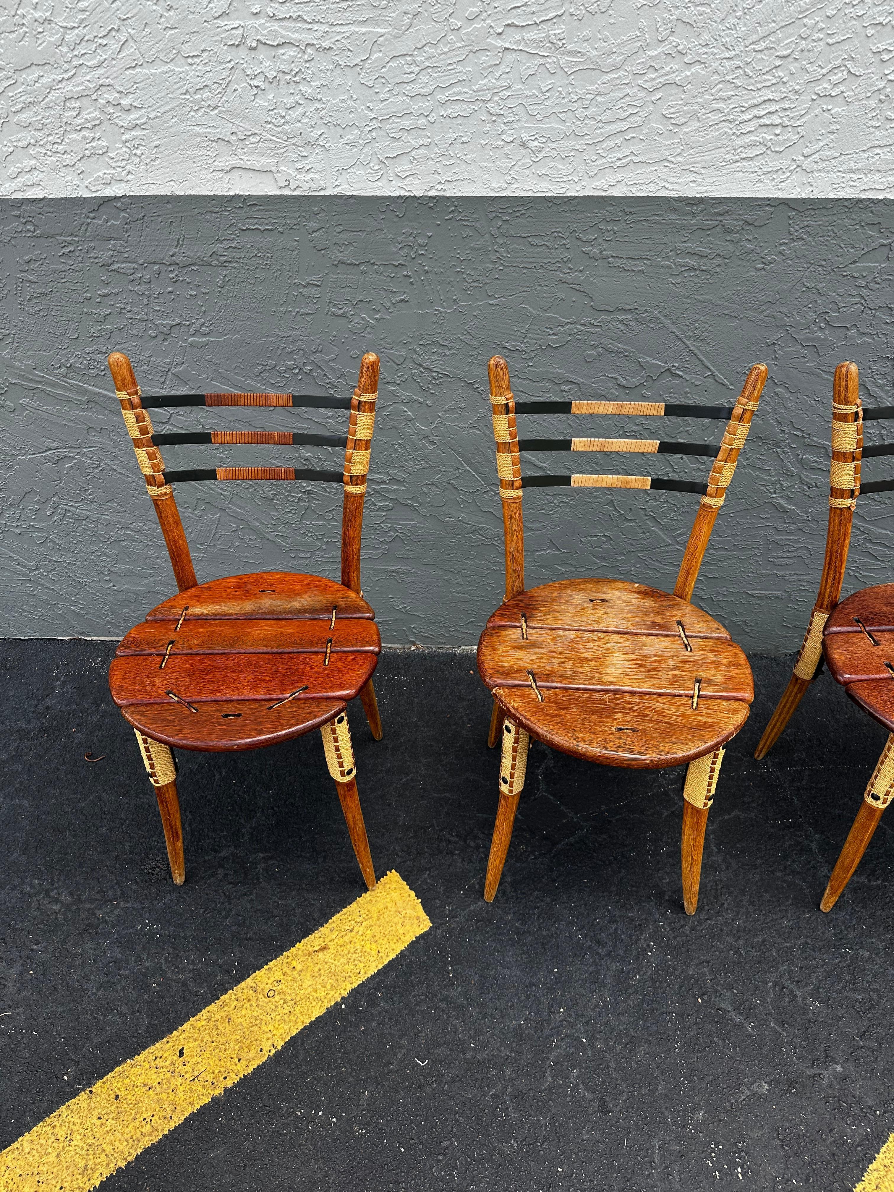 1990s Pacific Green Sculptural Boho Round Dining Table and Leather Cord Chairs For Sale 3