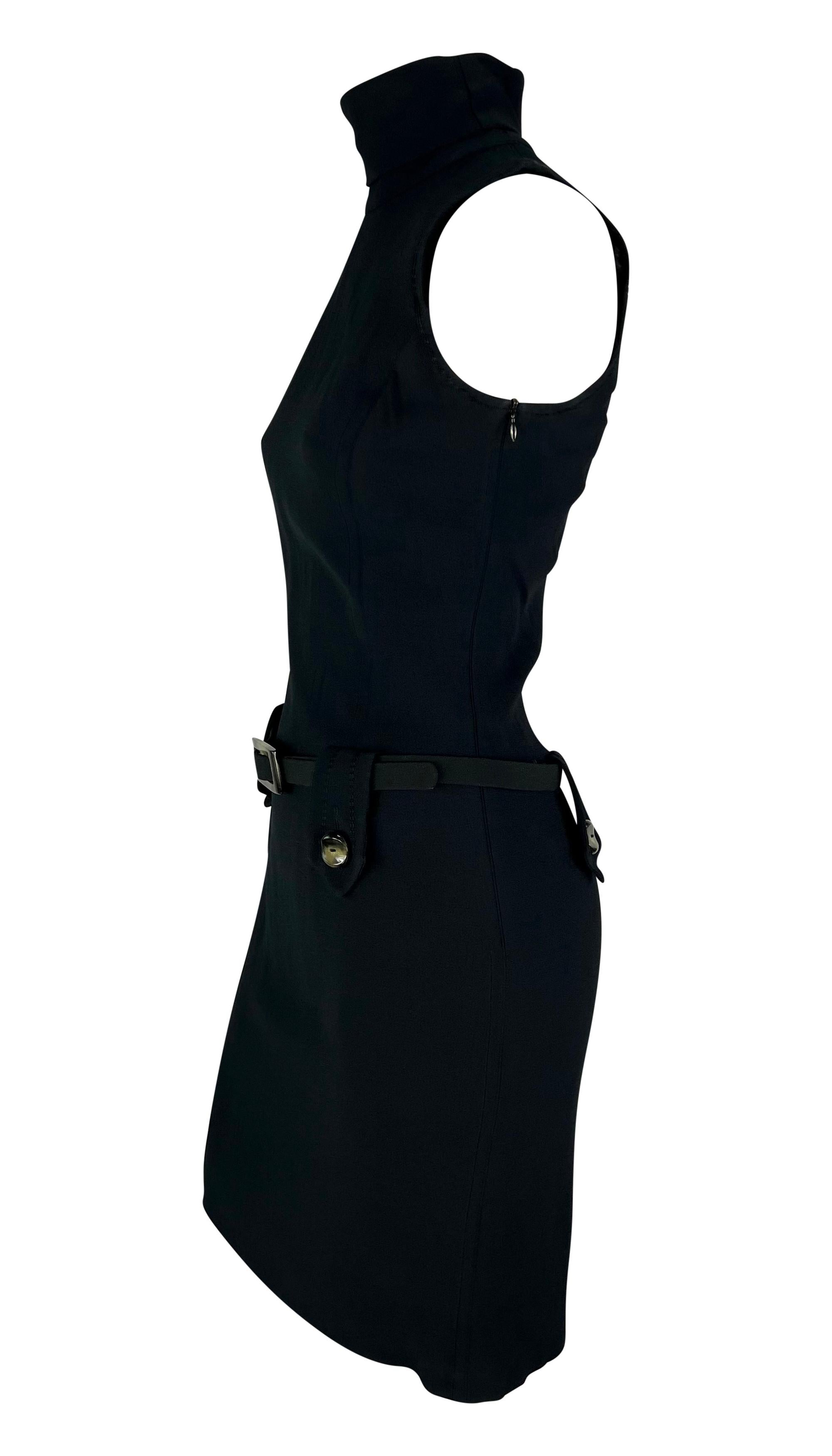 1990s Paco Rabanne Bond Girl Mock Neck Belted Sleeveless Navy Black Dress In Good Condition For Sale In West Hollywood, CA
