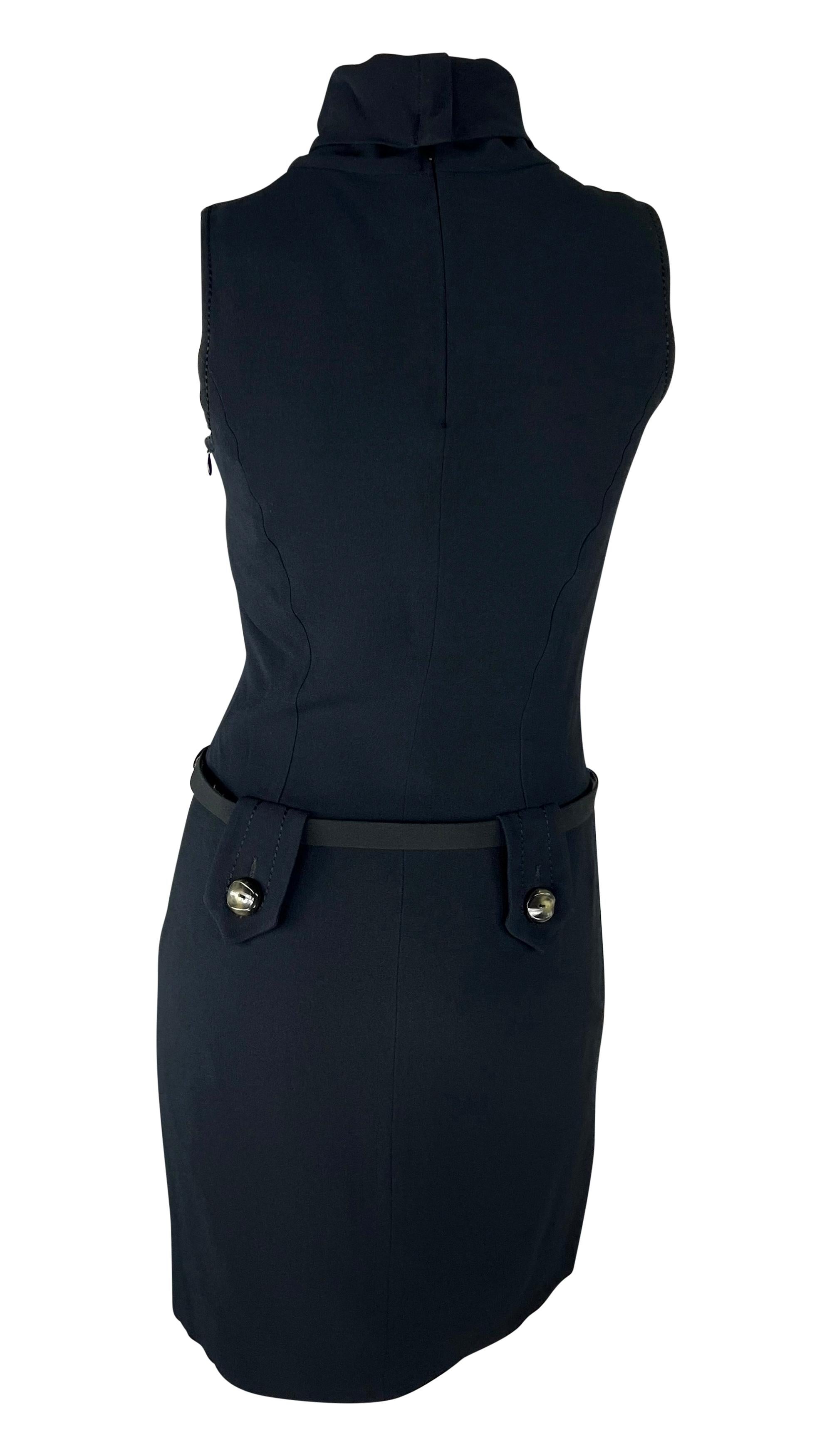 Women's 1990s Paco Rabanne Bond Girl Mock Neck Belted Sleeveless Navy Black Dress For Sale