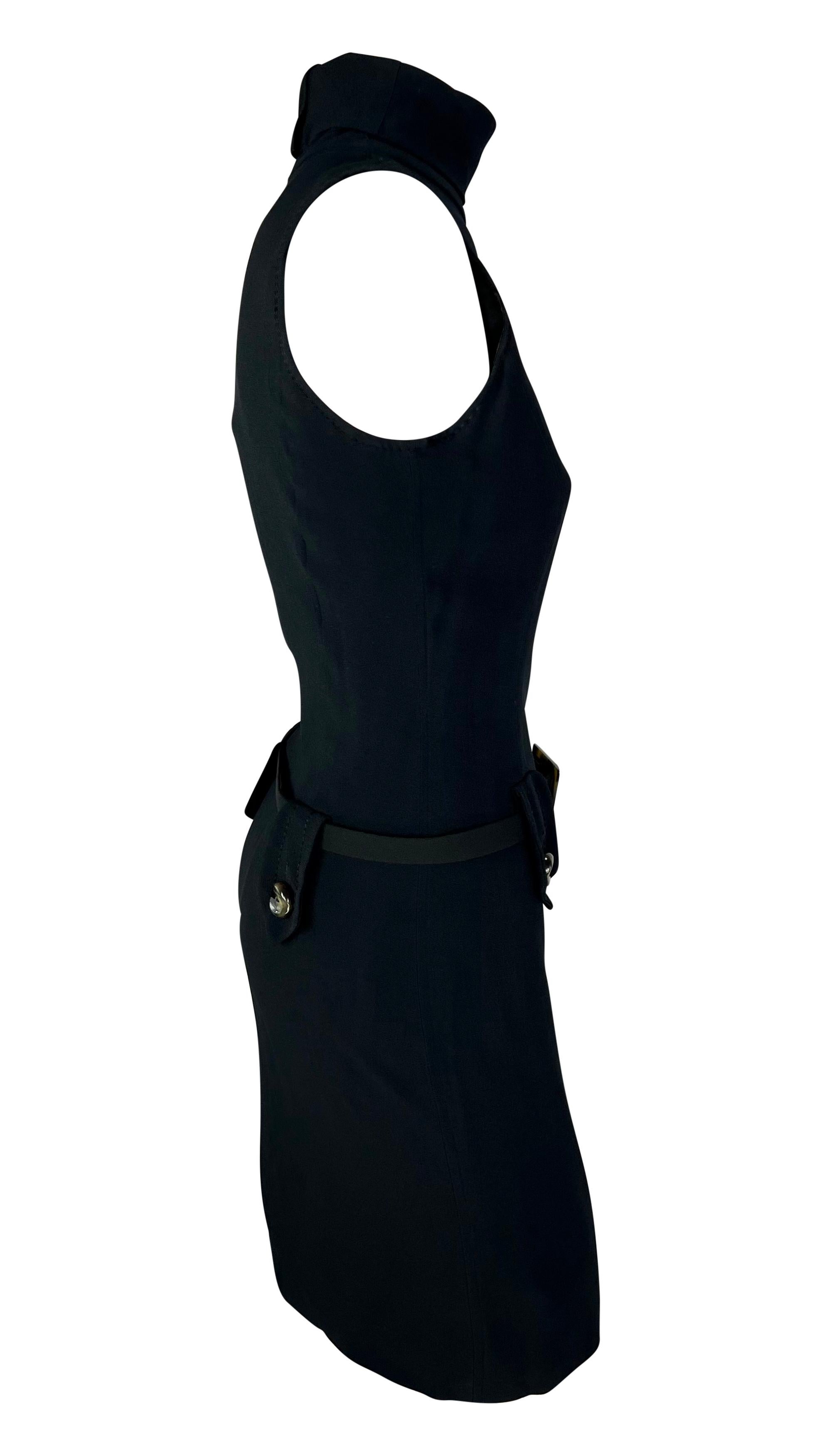 1990s Paco Rabanne Bond Girl Mock Neck Belted Sleeveless Navy Black Dress For Sale 1