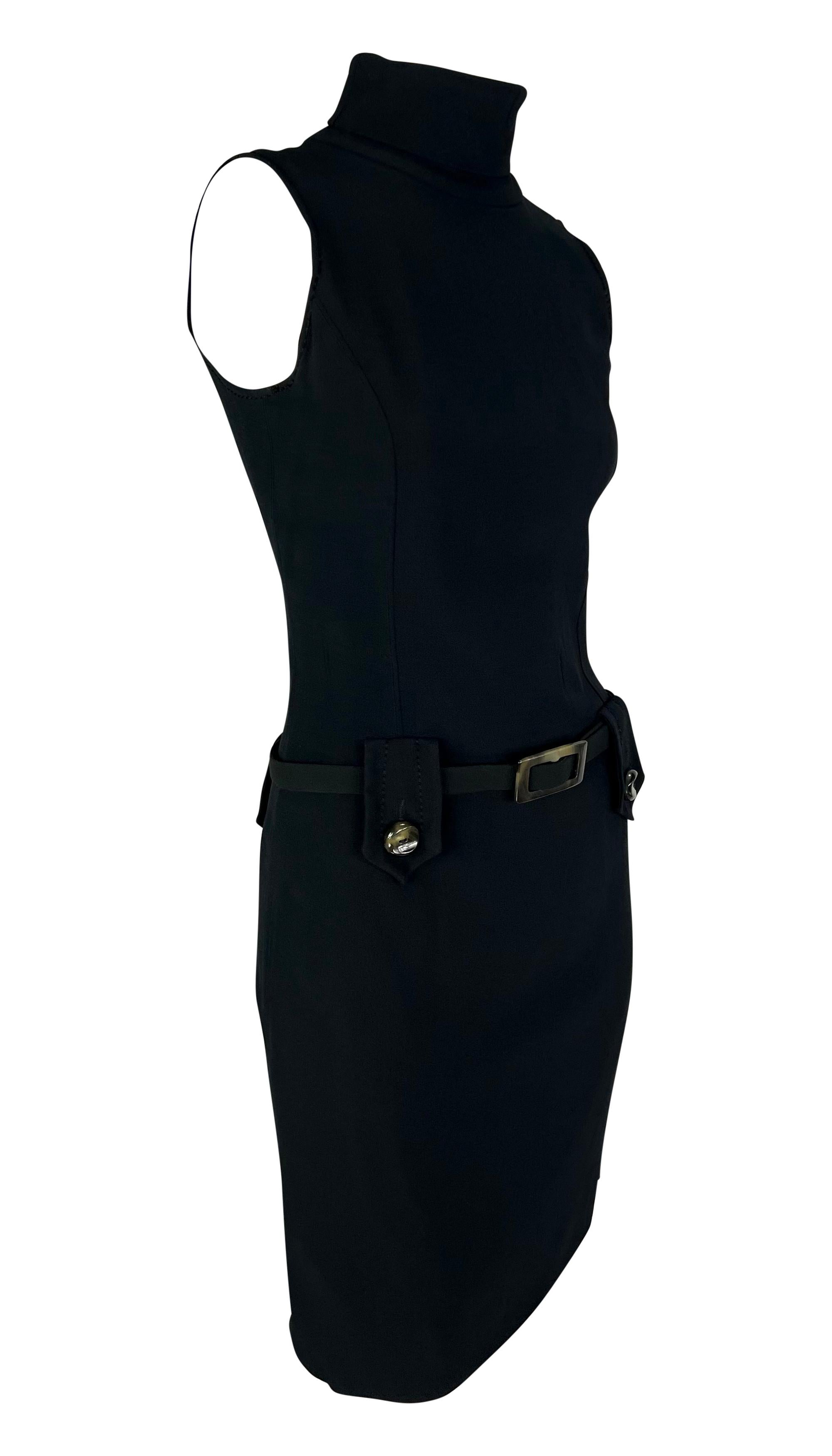 1990s Paco Rabanne Bond Girl Mock Neck Belted Sleeveless Navy Black Dress For Sale 2