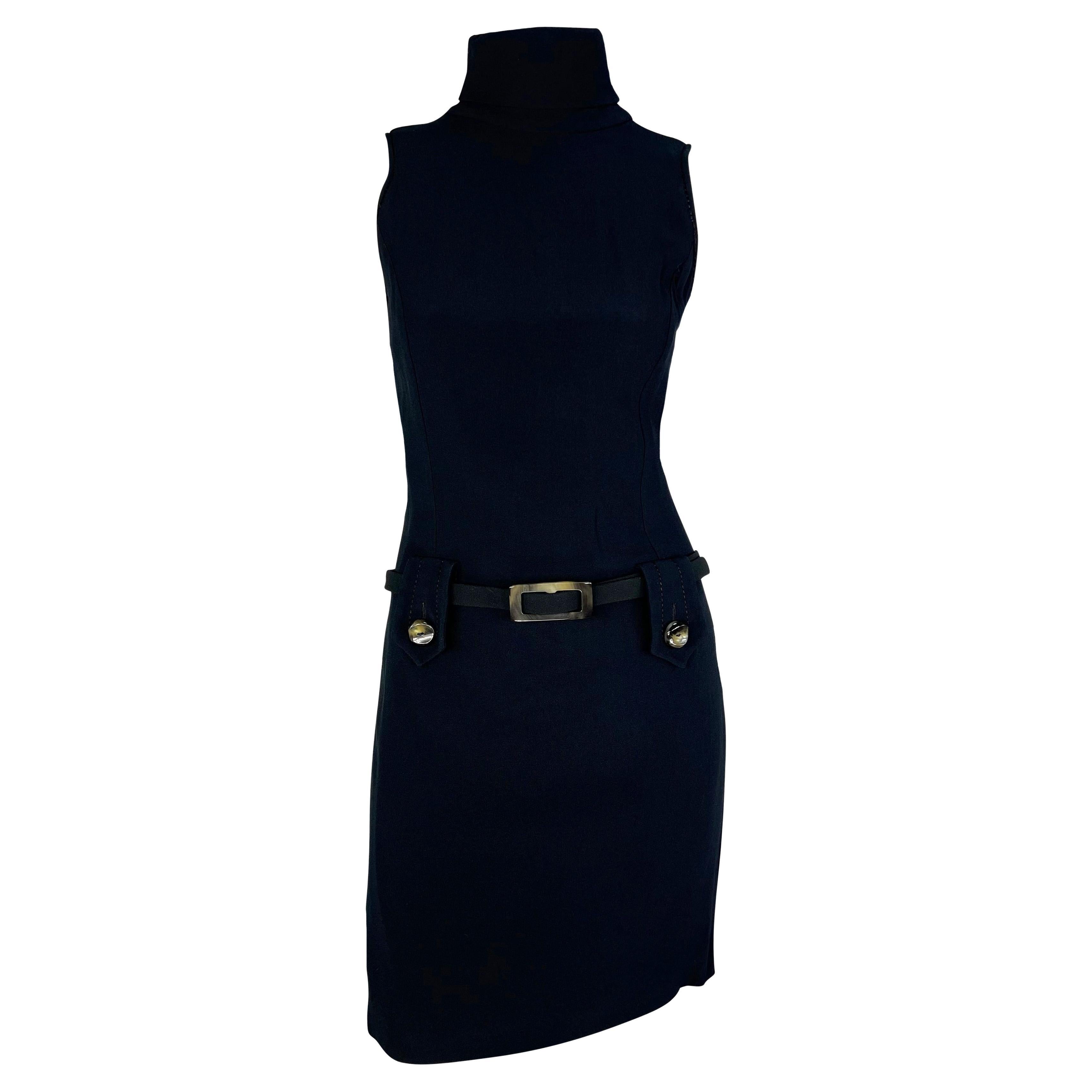 1990s Paco Rabanne Bond Girl Mock Neck Belted Sleeveless Navy Black Dress For Sale