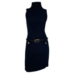 1990s Paco Rabanne Bond Girl Mock Neck Belted Sleeveless Navy Black Dress