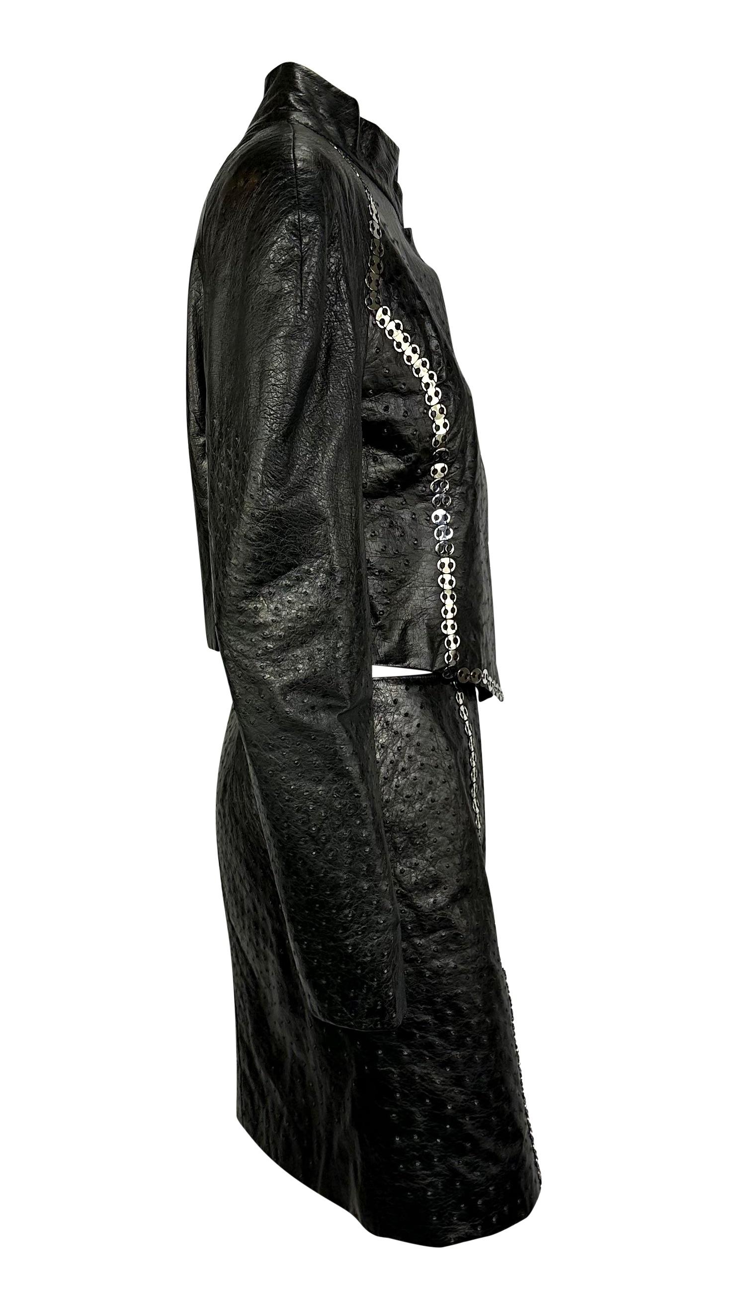 1990s Paco Rabanne Haute Couture Black Ostrich Leather Chain Accent Skirt Suit In Good Condition For Sale In West Hollywood, CA
