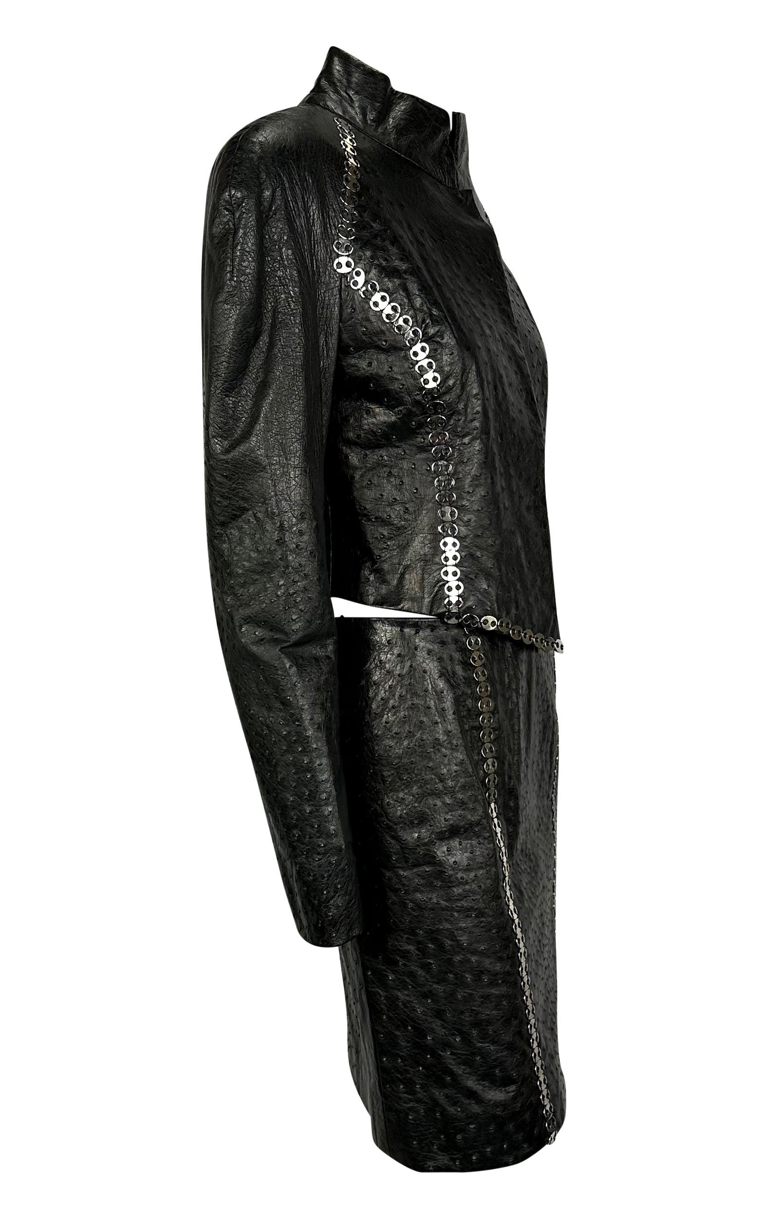 Women's 1990s Paco Rabanne Haute Couture Black Ostrich Leather Chain Accent Skirt Suit  For Sale