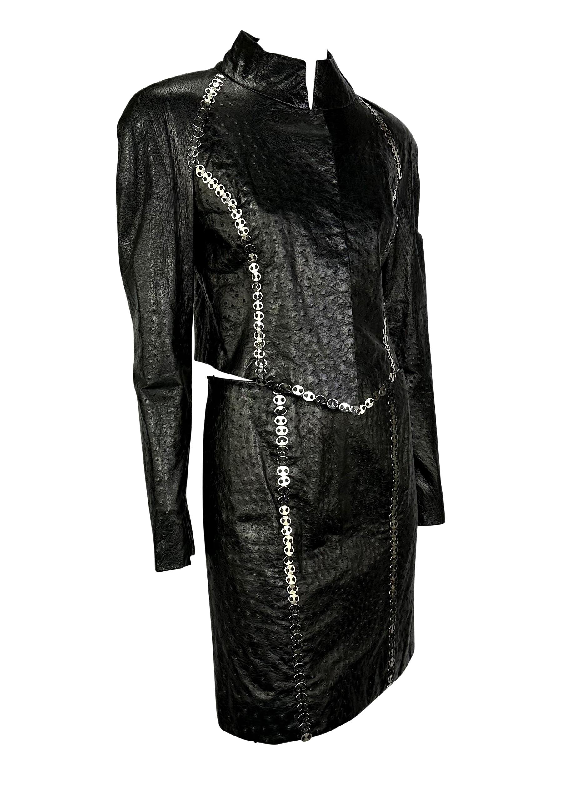 1990s Paco Rabanne Haute Couture Black Ostrich Leather Chain Accent Skirt Suit  For Sale 1