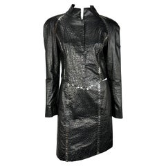 1990s Paco Rabanne Haute Couture Black Ostrich Leather Chain Accent Skirt Suit 