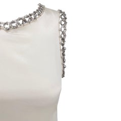 1990s Paco Rabanne Off-White Stretch Satin Metal Ring Trim Dress
