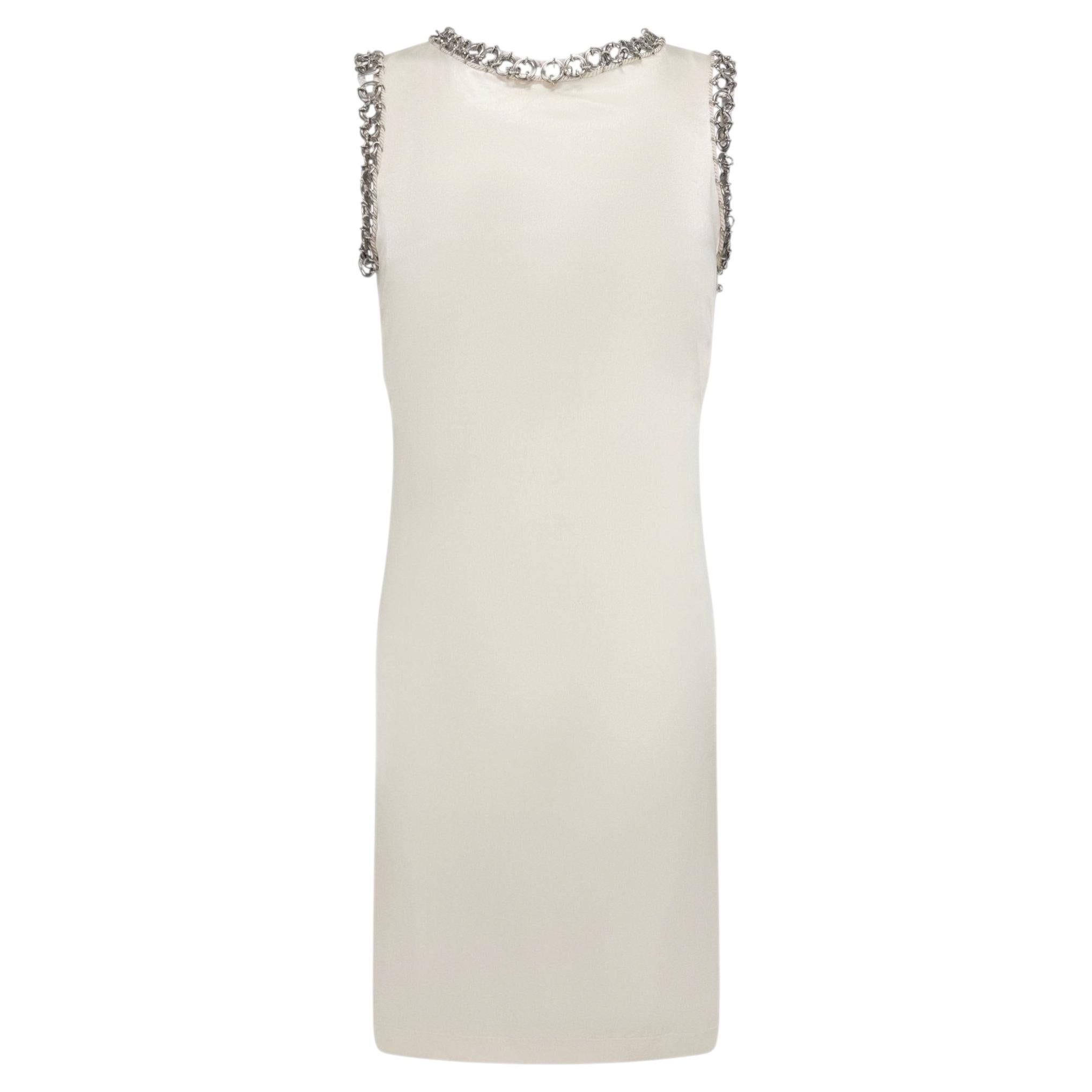 1990s Paco Rabanne Off-White Stretch Satin Metal Ring Trim Dress For Sale
