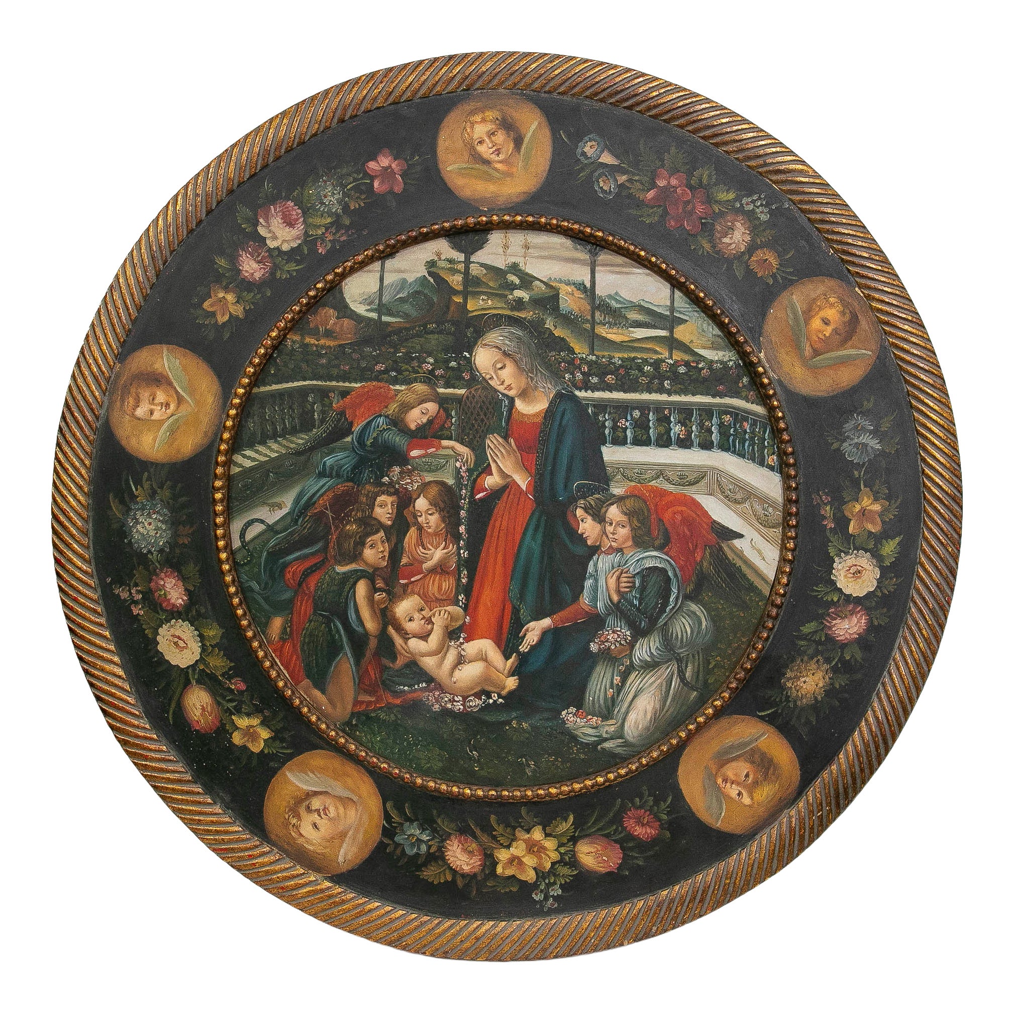 1990s Painted Renaissance Style Religious Tondo with Virgin and Angels For Sale
