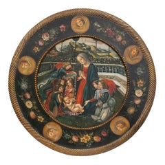 1990s Painted Renaissance Style Religious Tondo with Virgin and Angels