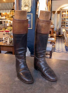 1990s Pair of Antique Leather Riding Boots with Wooden Trees
