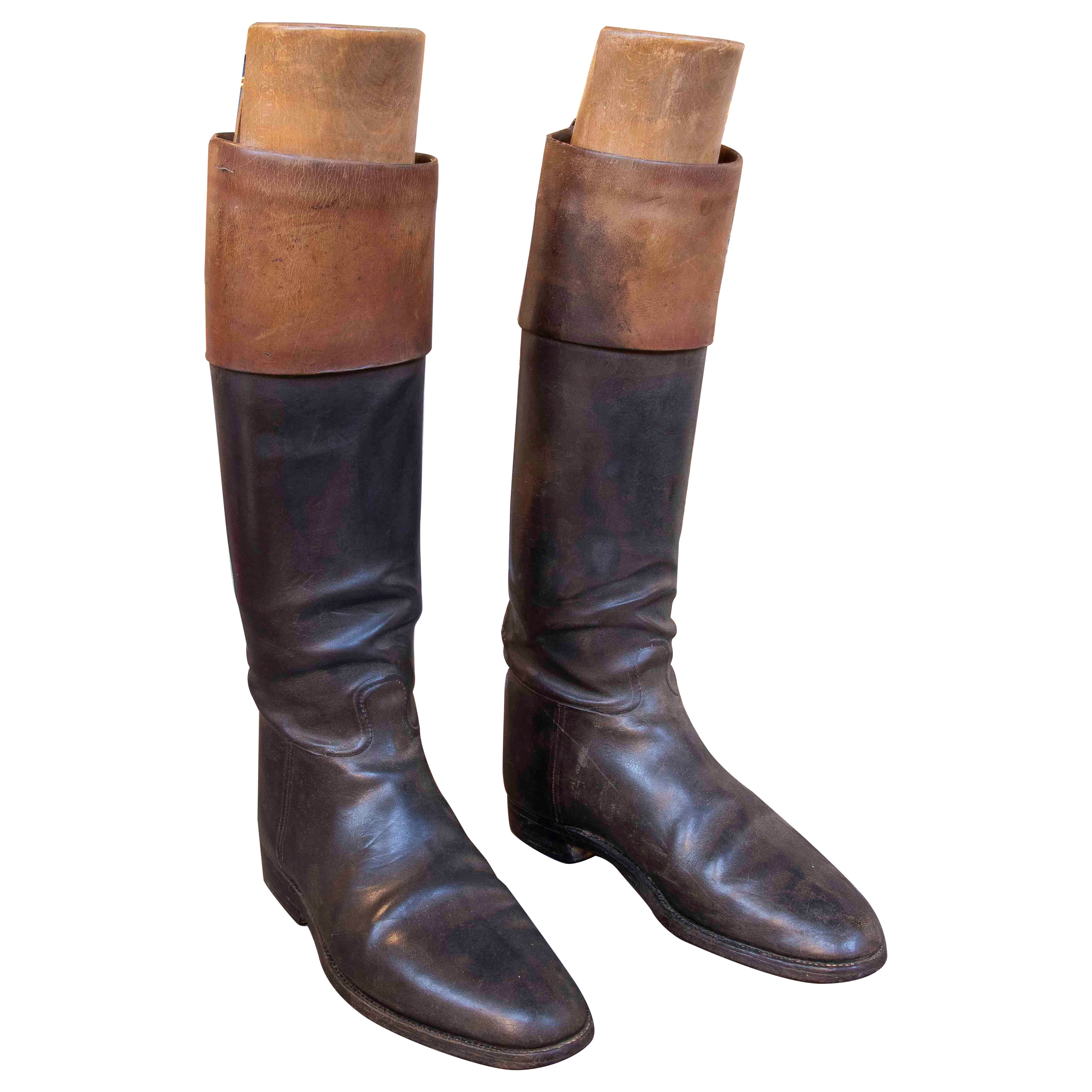 1990s Pair of Antique Leather Riding Boots with Wooden Trees