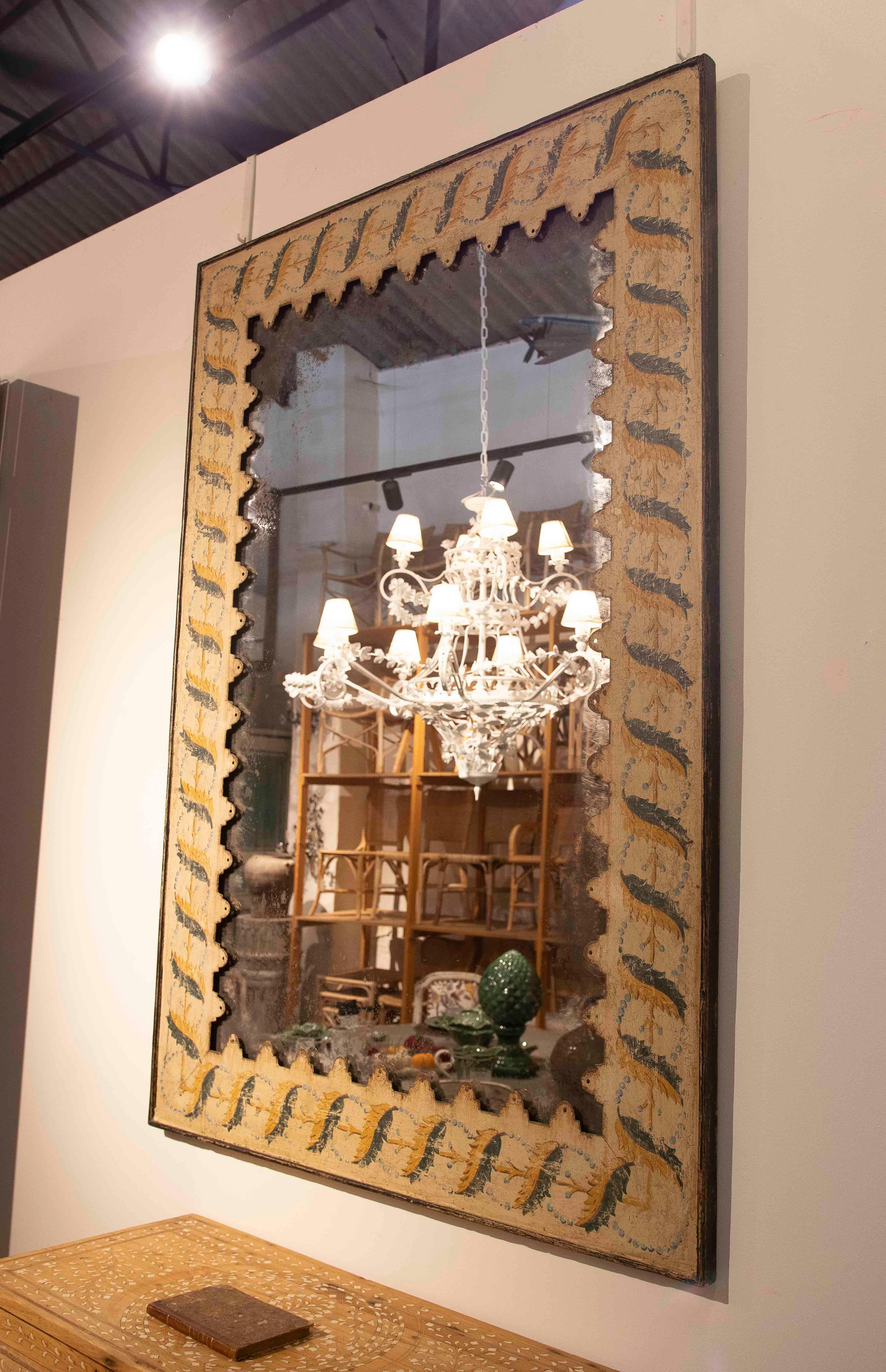 1990s Pair of Antique Mirrors with Hand-Painted Frames and Aged Finish For Sale 5
