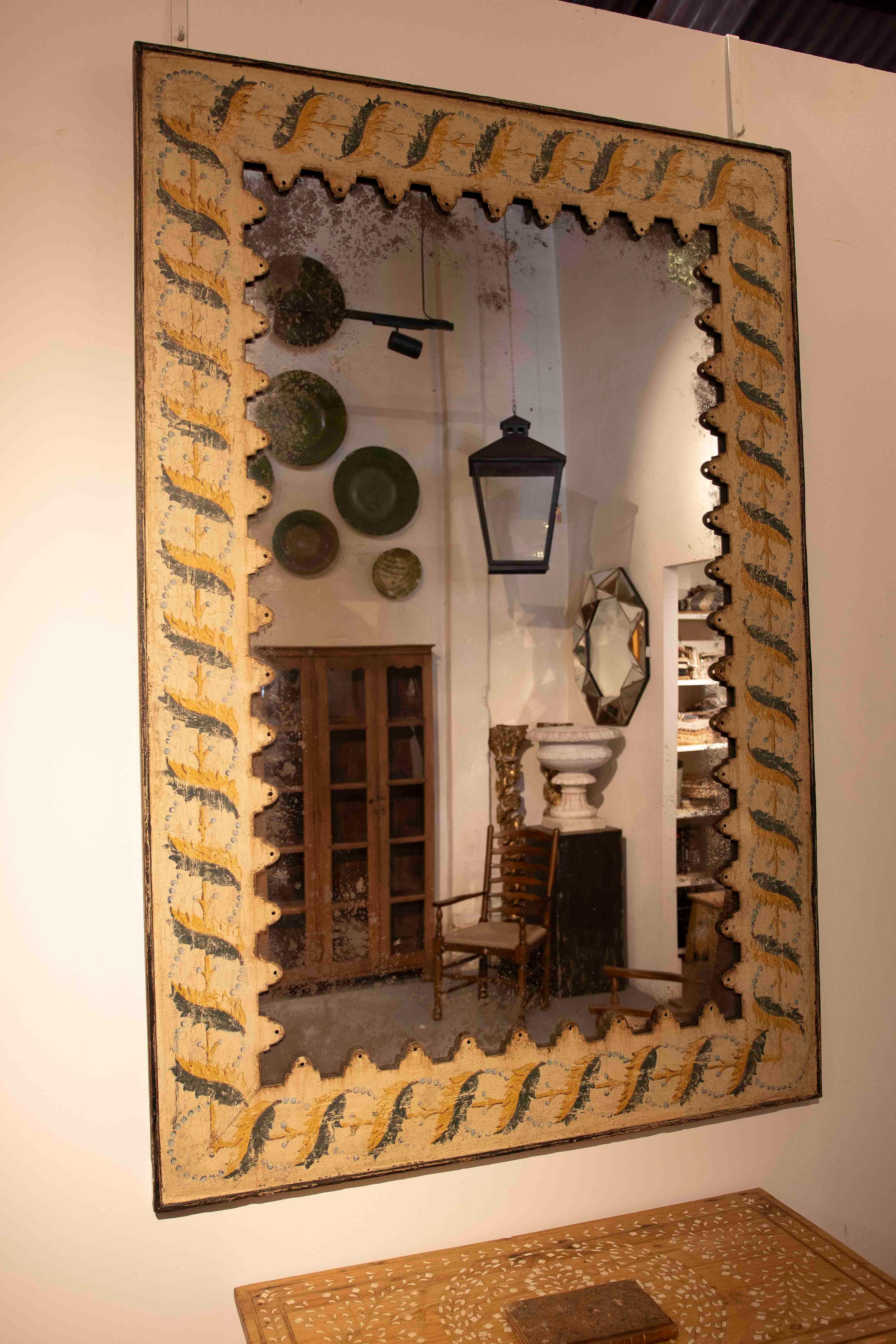 1990s Pair of Antique Mirrors with Hand-Painted Frames and Aged Finish For Sale 6