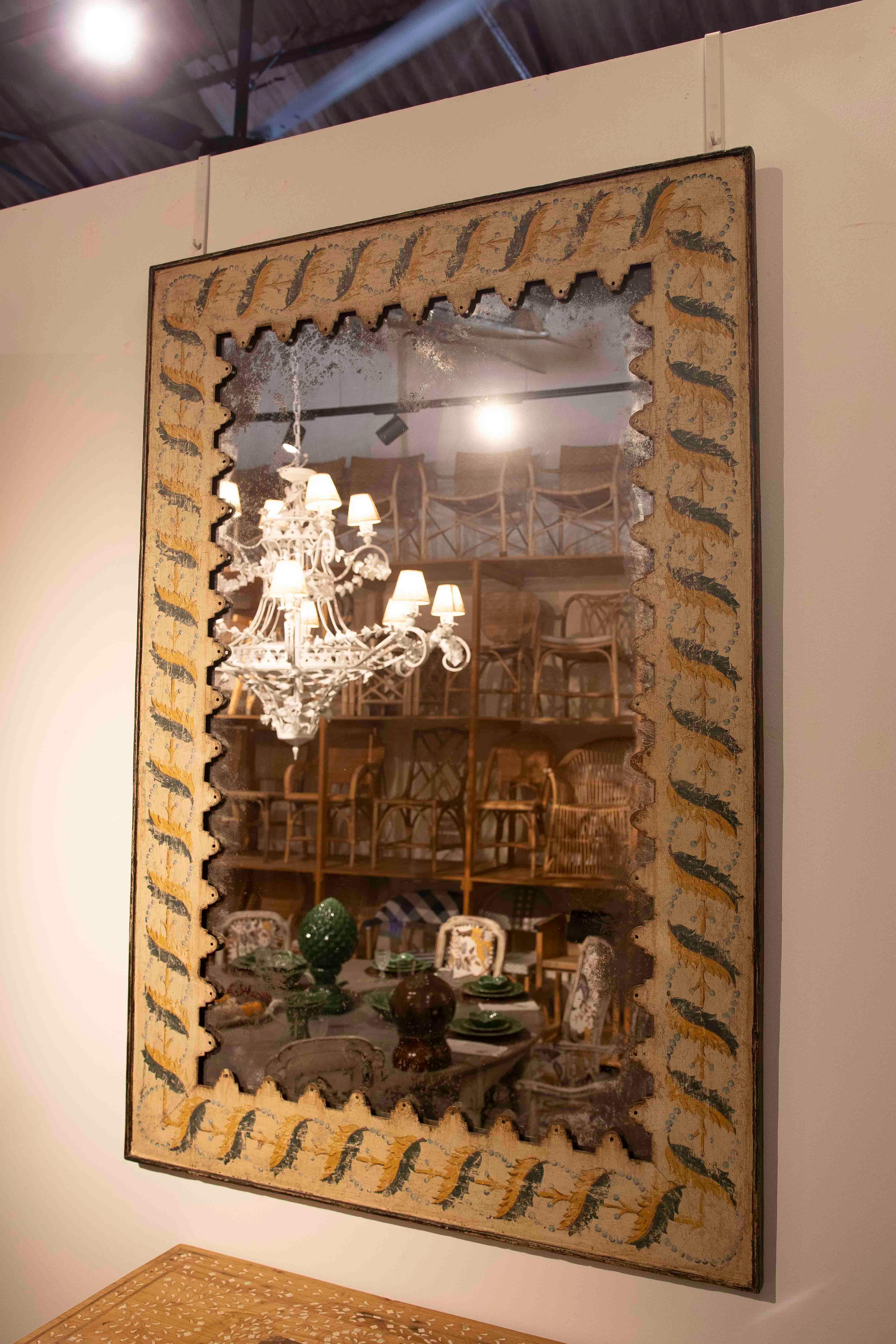 Spanish 1990s Pair of Antique Mirrors with Hand-Painted Frames and Aged Finish For Sale