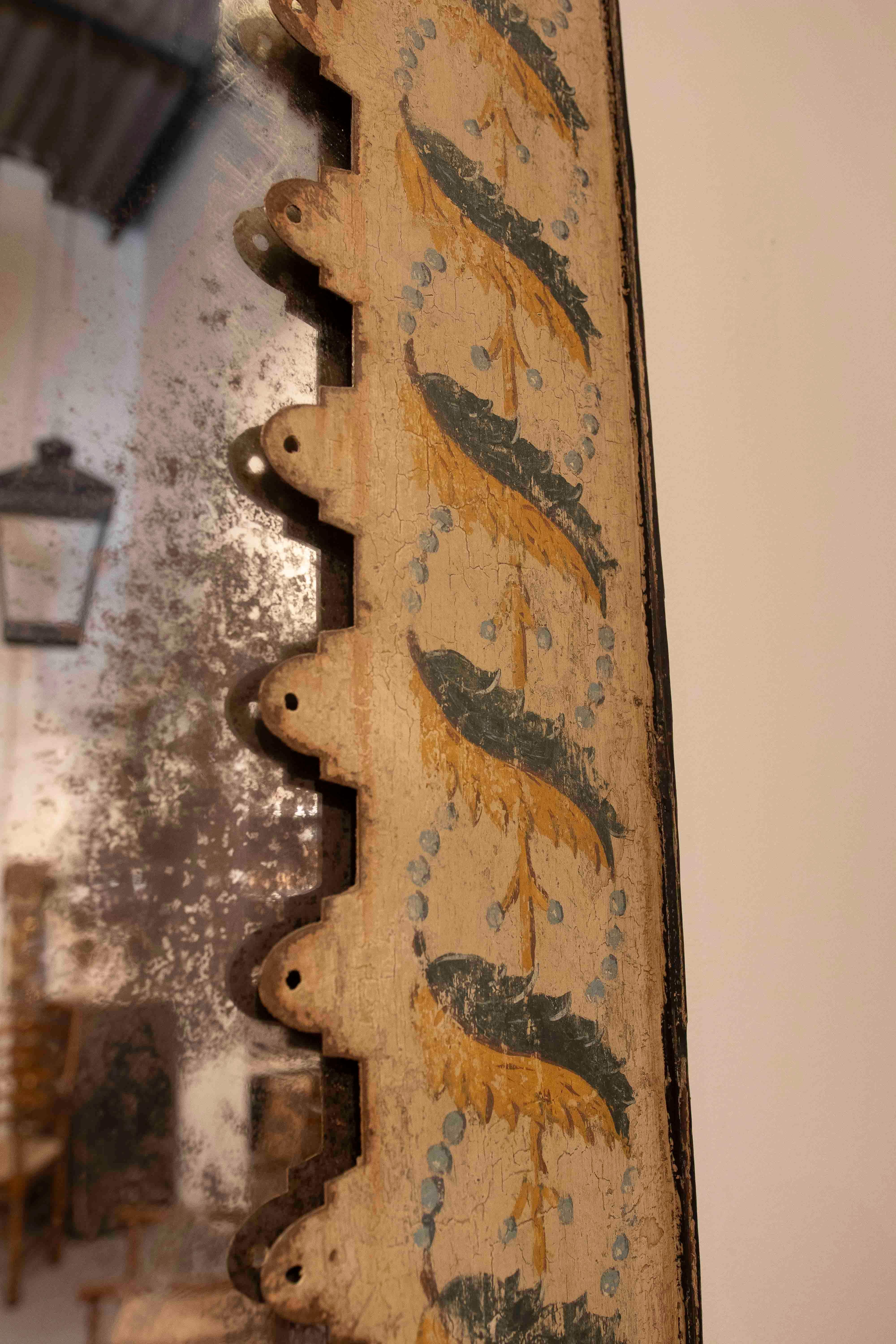 1990s Pair of Antique Mirrors with Hand-Painted Frames and Aged Finish For Sale 1