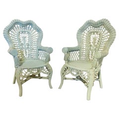 1990s Pair of Bamboo and Wicker Armchairs Painted in Water Green