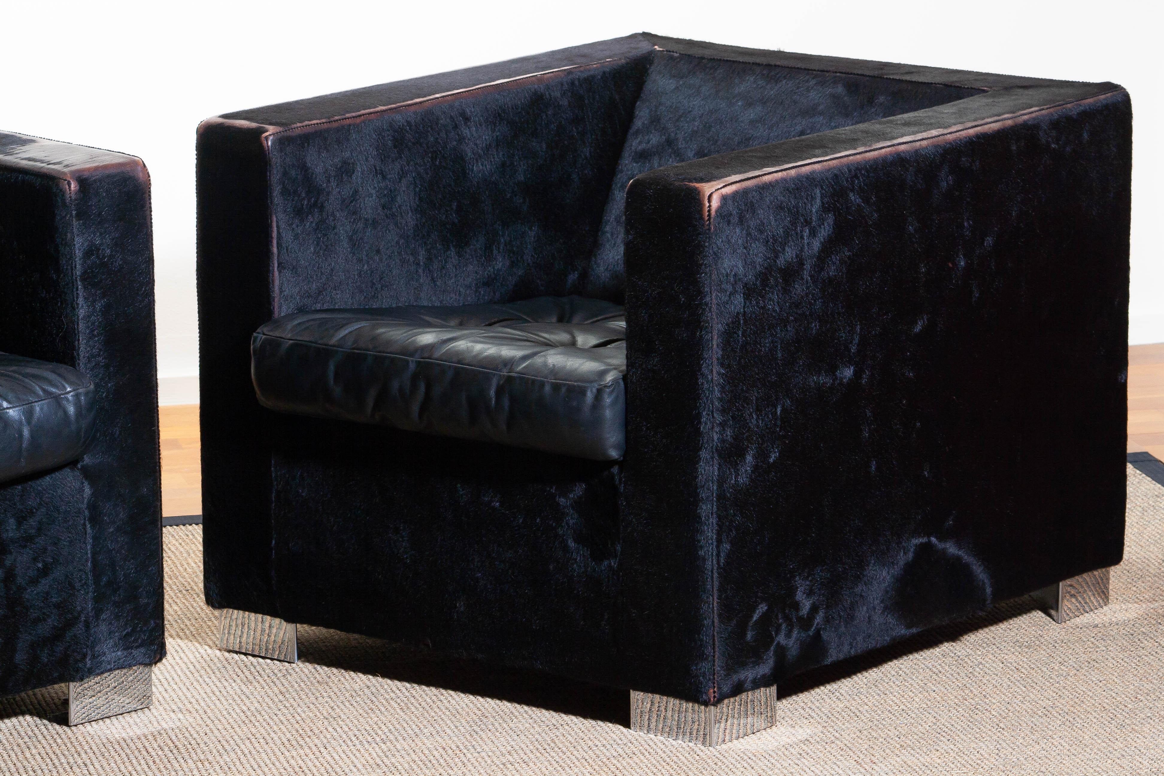 1990s Pair of Black Rodolfo Dordoni for Minotti Club Chairs in Pony and Leather 3