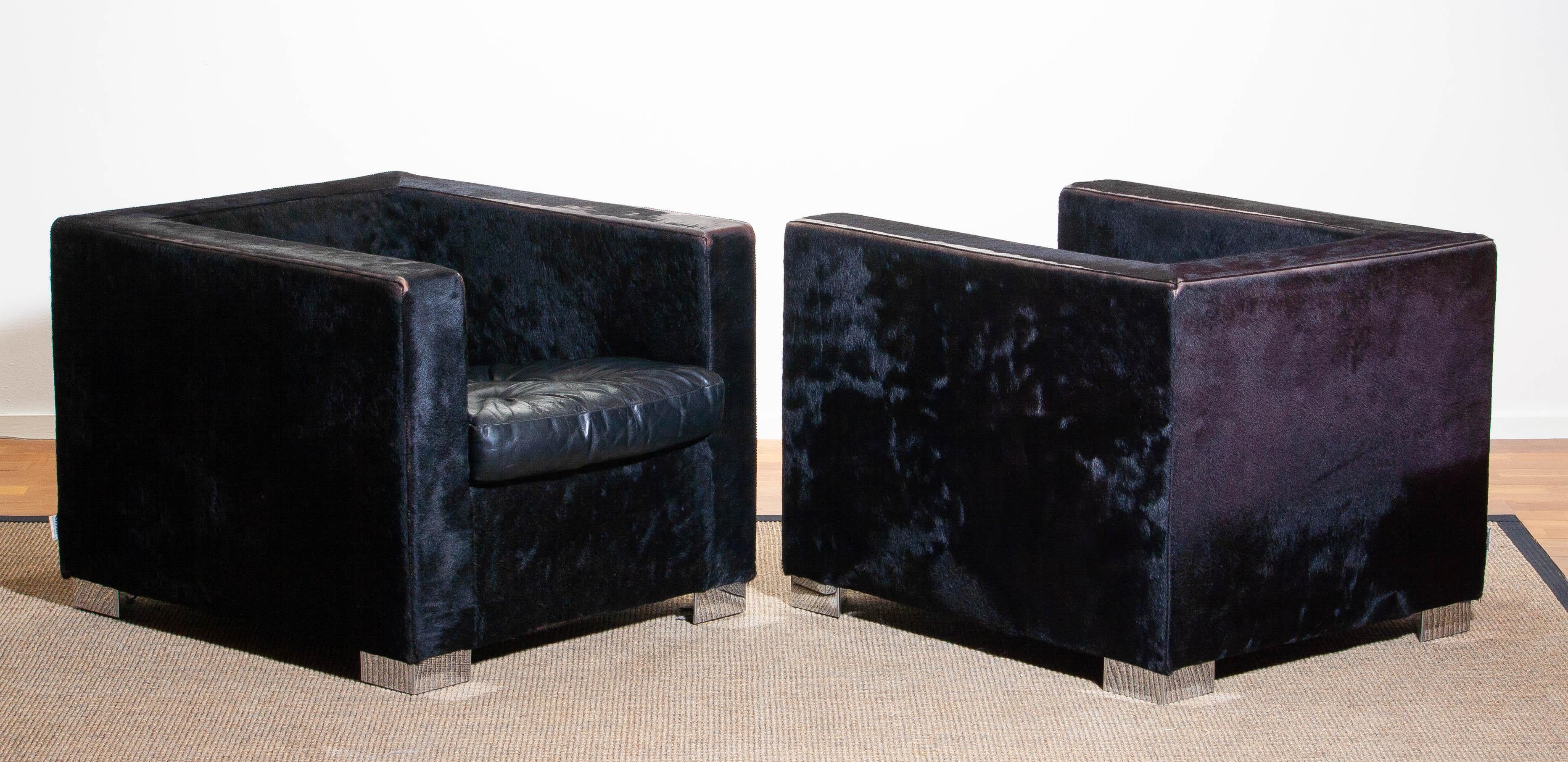 1990s Pair of Black Rodolfo Dordoni for Minotti Club Chairs in Pony and Leather 4