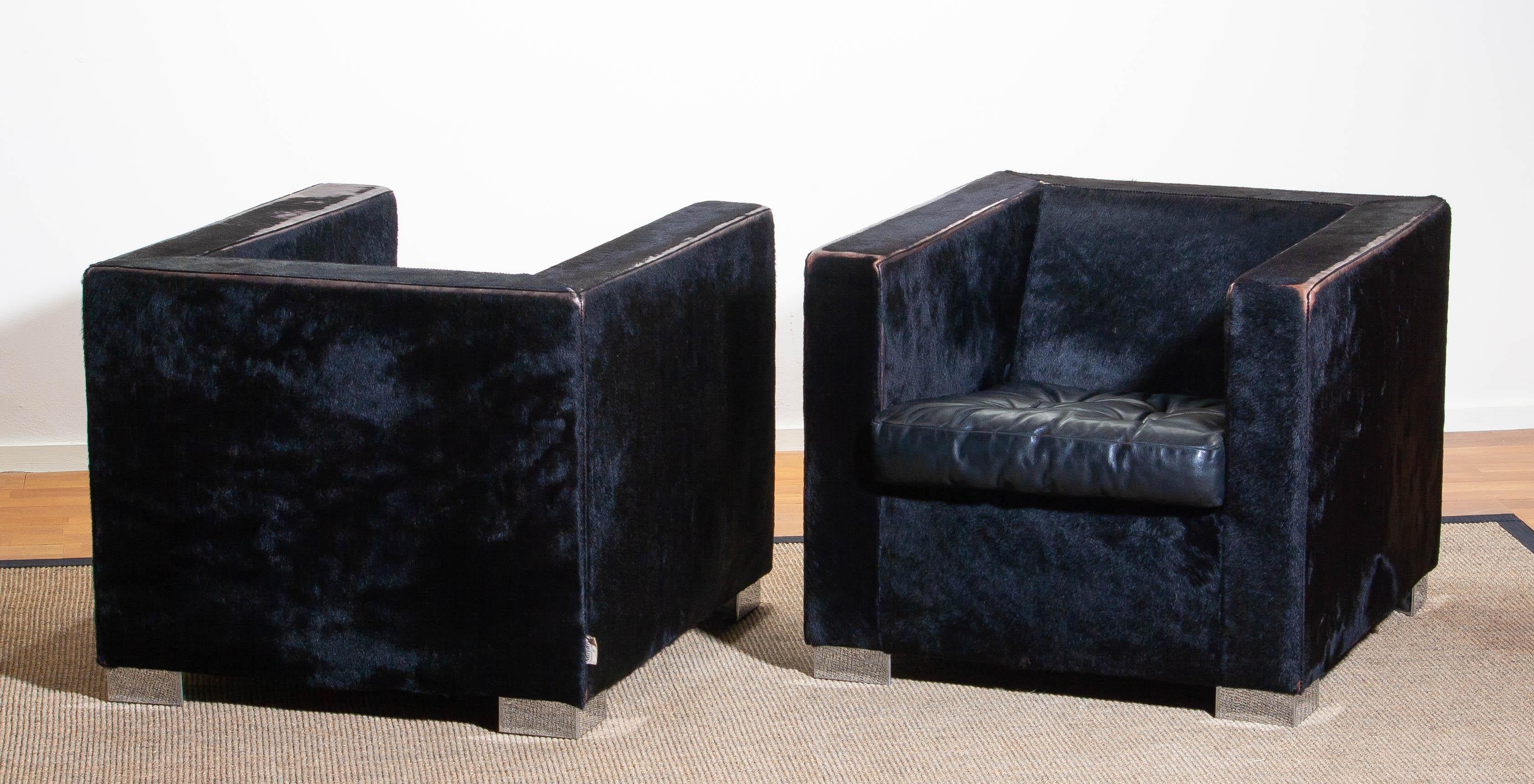 1990s Pair of Black Rodolfo Dordoni for Minotti Club Chairs in Pony and Leather 5