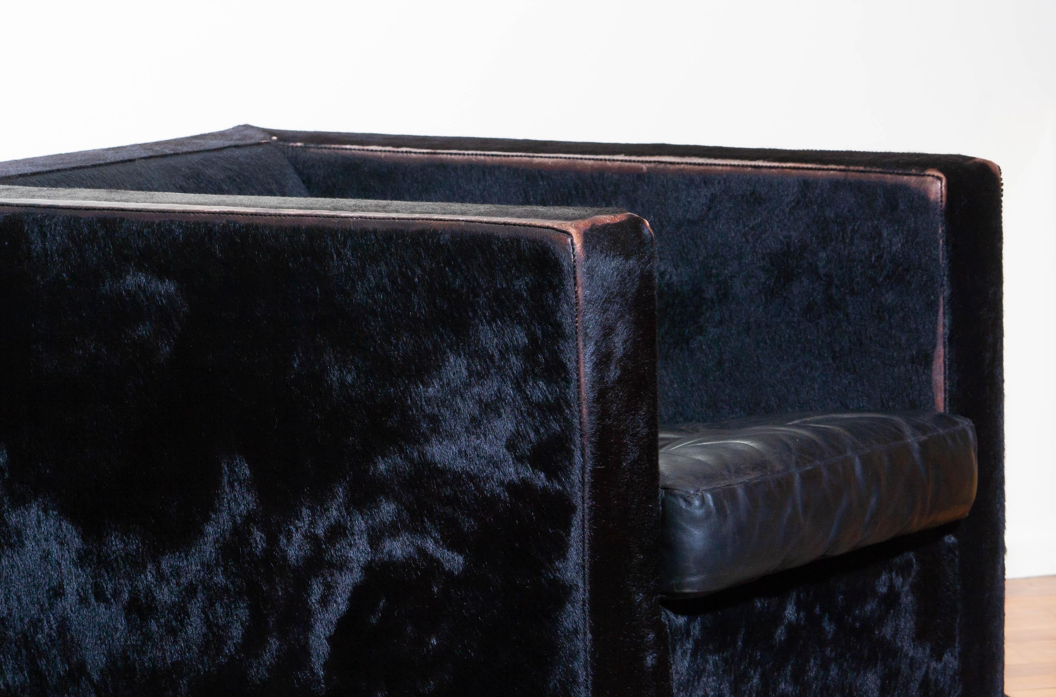 1990s Pair of Black Rodolfo Dordoni for Minotti Club Chairs in Pony and Leather 6