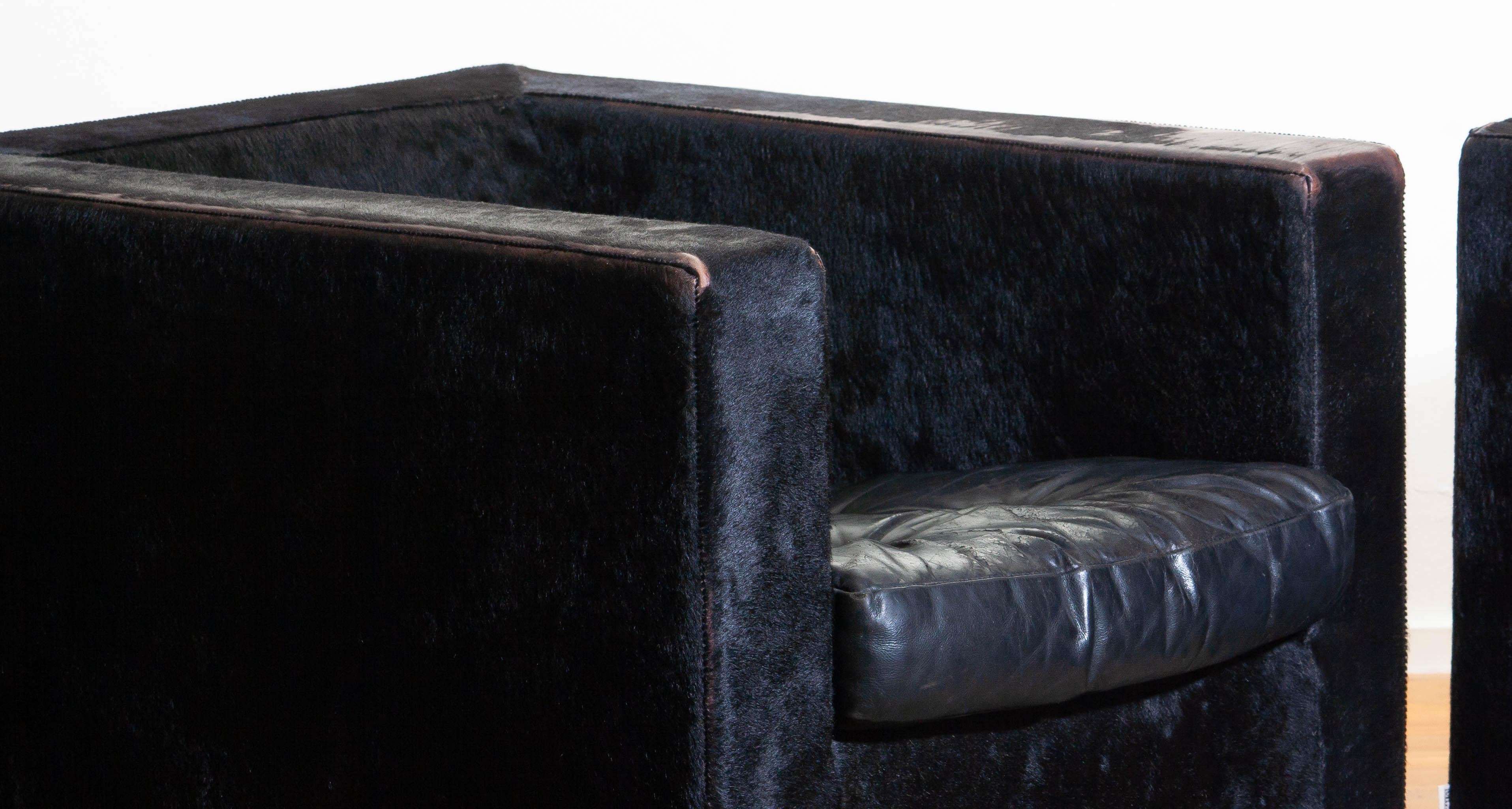 1990s Pair of Black Rodolfo Dordoni for Minotti Club Chairs in Pony and Leather 7