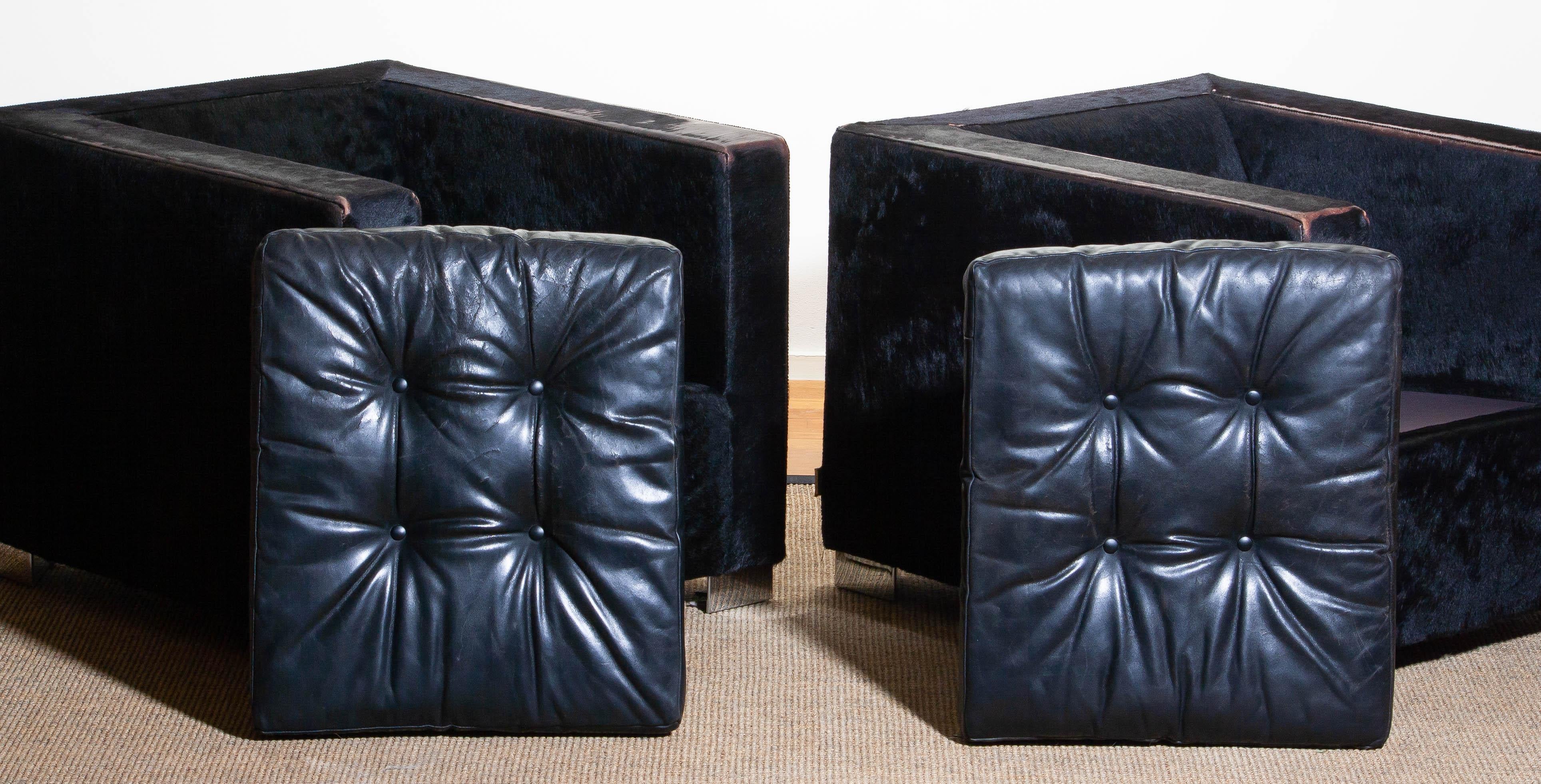 1990s Pair of Black Rodolfo Dordoni for Minotti Club Chairs in Pony and Leather 8