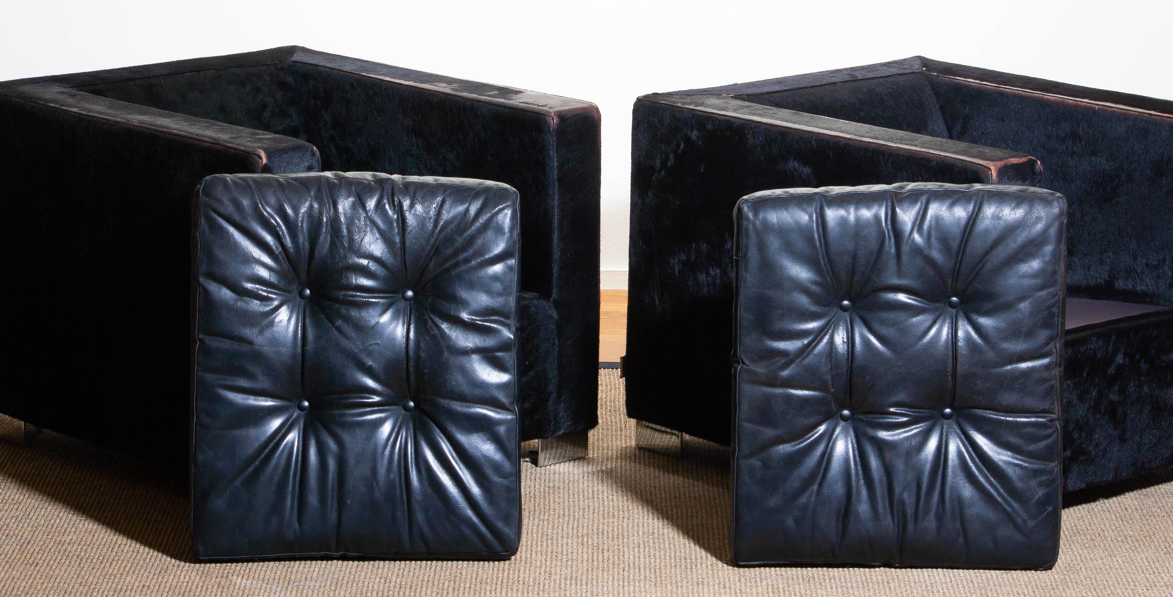 1990s Pair of Black Rodolfo Dordoni for Minotti Club Chairs in Pony and Leather 8